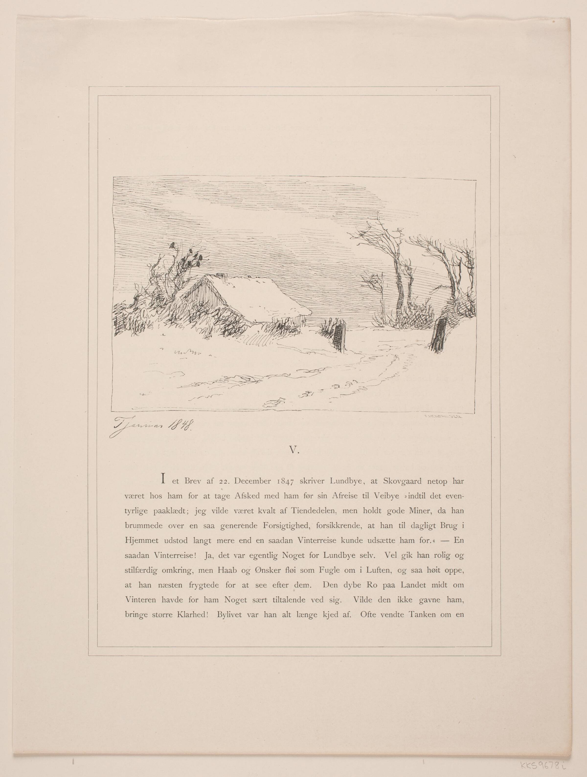 Vinterlandskab. T.v. et Bondehus ved et led, F. Hendriksen, 1847-1938