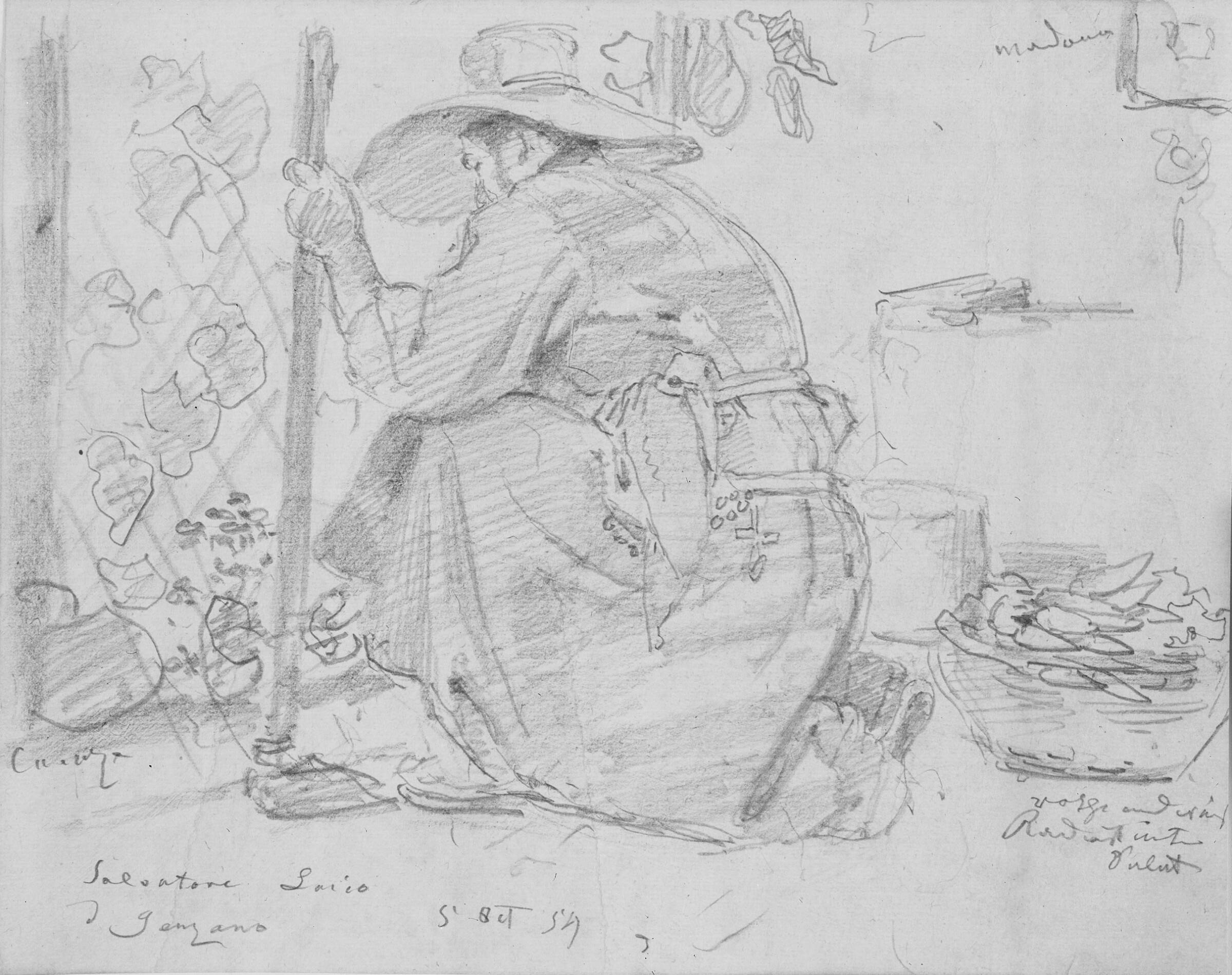 Munk siddende på hug med en hakke i hånden. Salvatore Lacio da Genzano, Ernst Meyer, 1854
