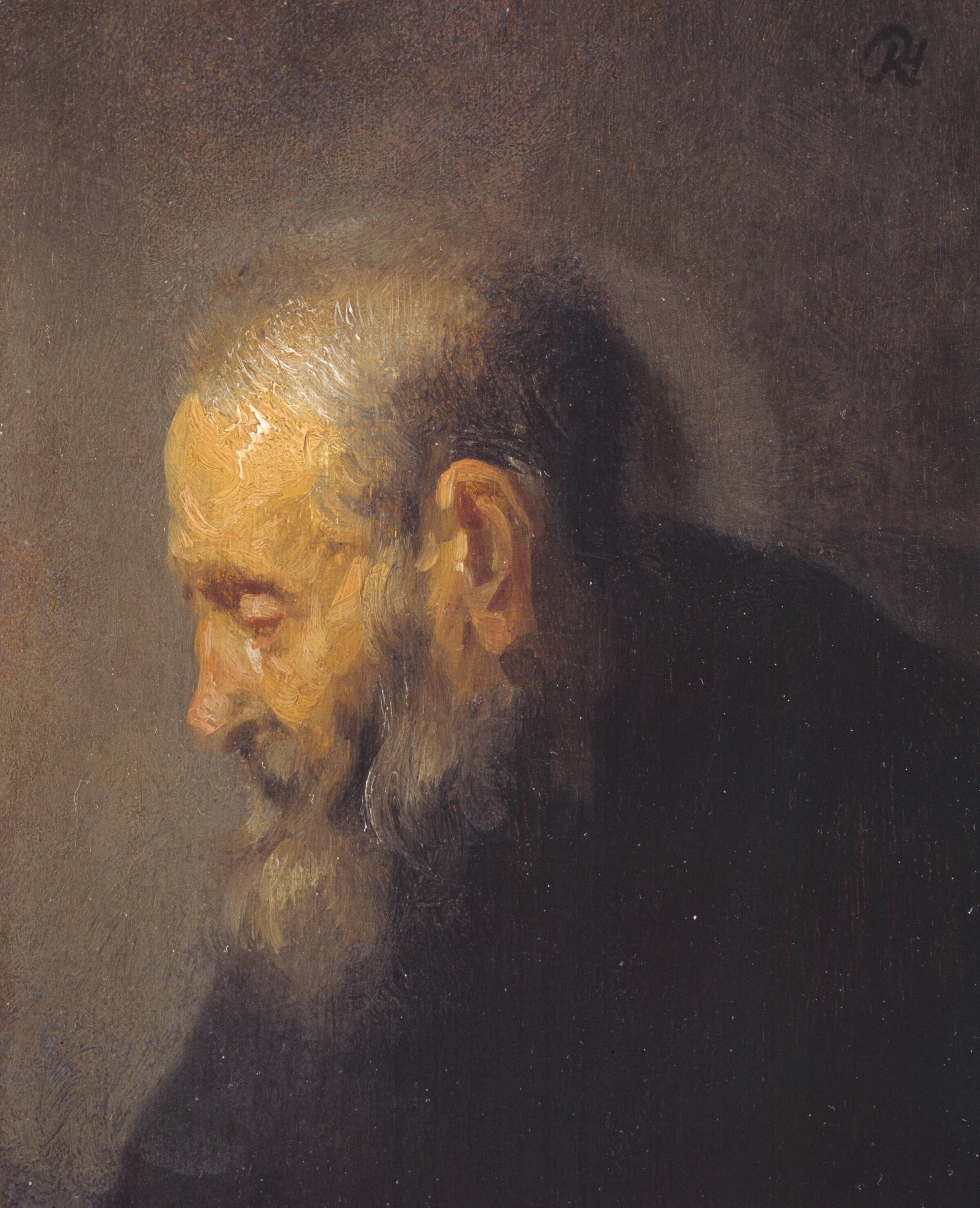 Studie af et oldingehoved i profil, Rembrandt van Rijn, 1628-1632