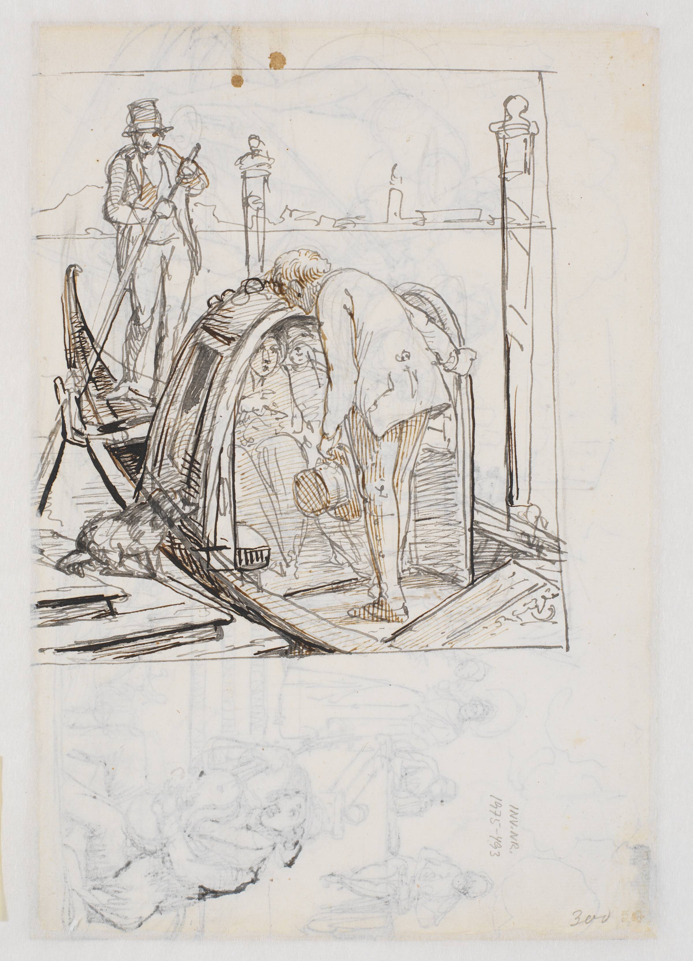 En mand hilser på to i en overdækket gondol, Wilhelm Marstrand, 1810-1873