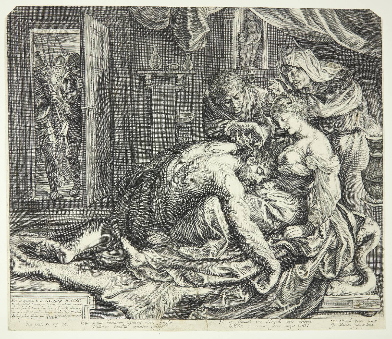 Samson sovende i Dalilas skød, Jacob Matham, 1611