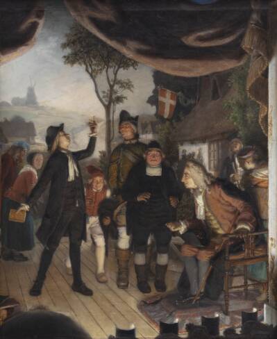 Holberg overværer en prøveforestilling af Erasmus Montanus, IV akt, 2. scene: "Ergo er I en Hane"