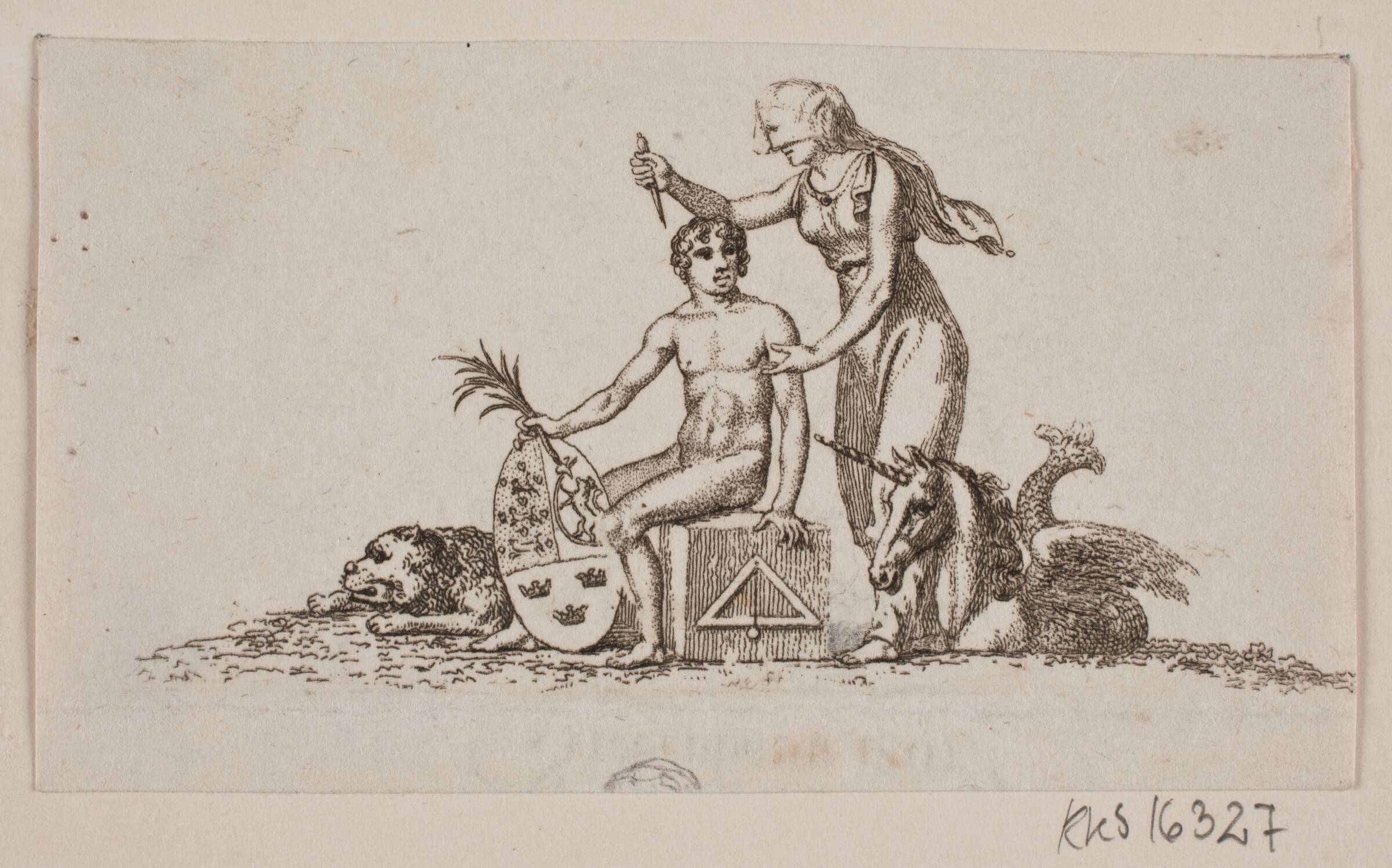 Vignet med kvinde, siddende ung mand og enhjøring, Gerhard Ludvig Lahde, 1765-1833