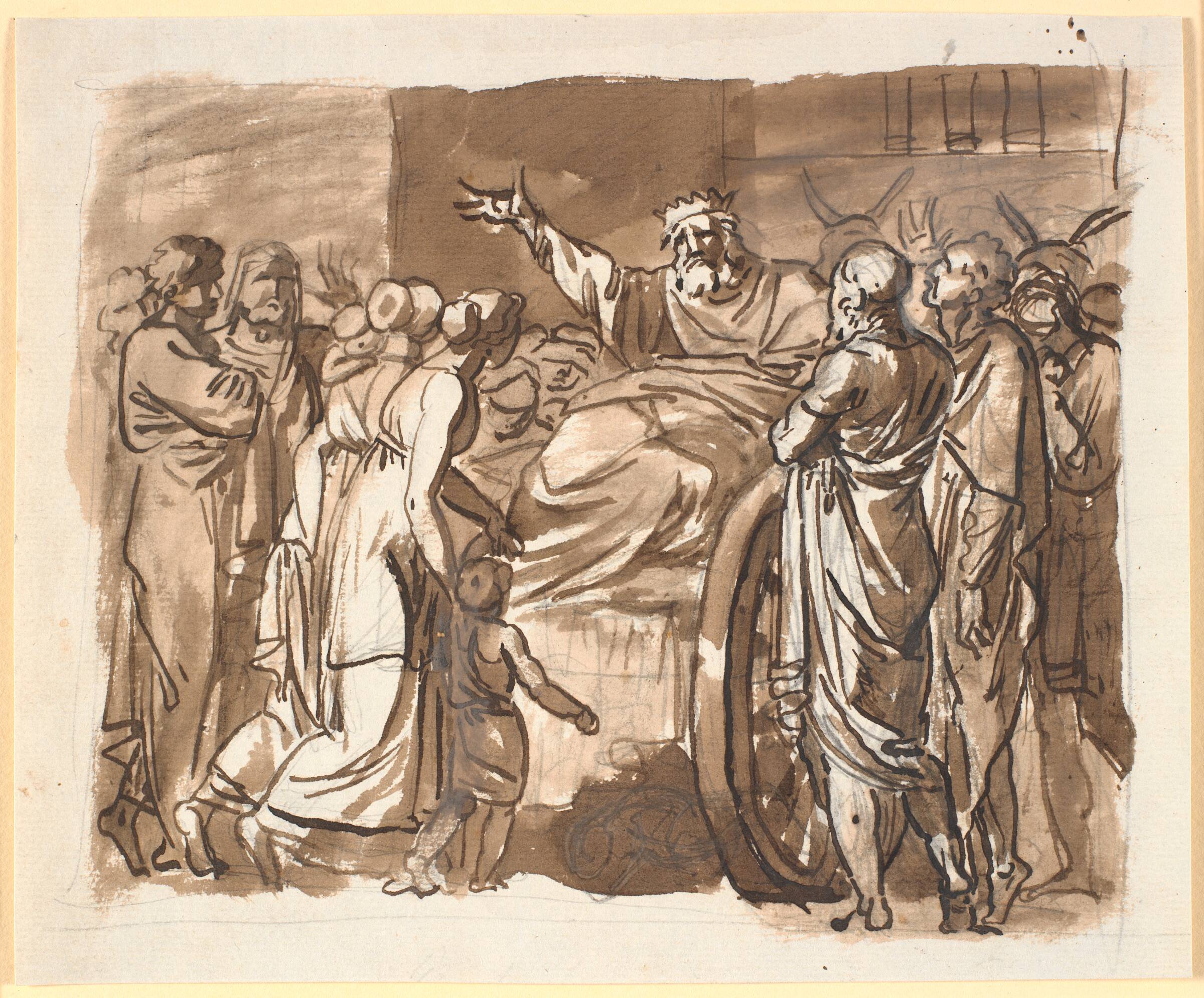 Peisistratos beklager sig for Athenienserne over det overfald, han siger sig at have været genstand for. Han sidder på æseltrukket kærre, omgivet af talrige mennesker, Nicolai Abildgaard, 1743-1809