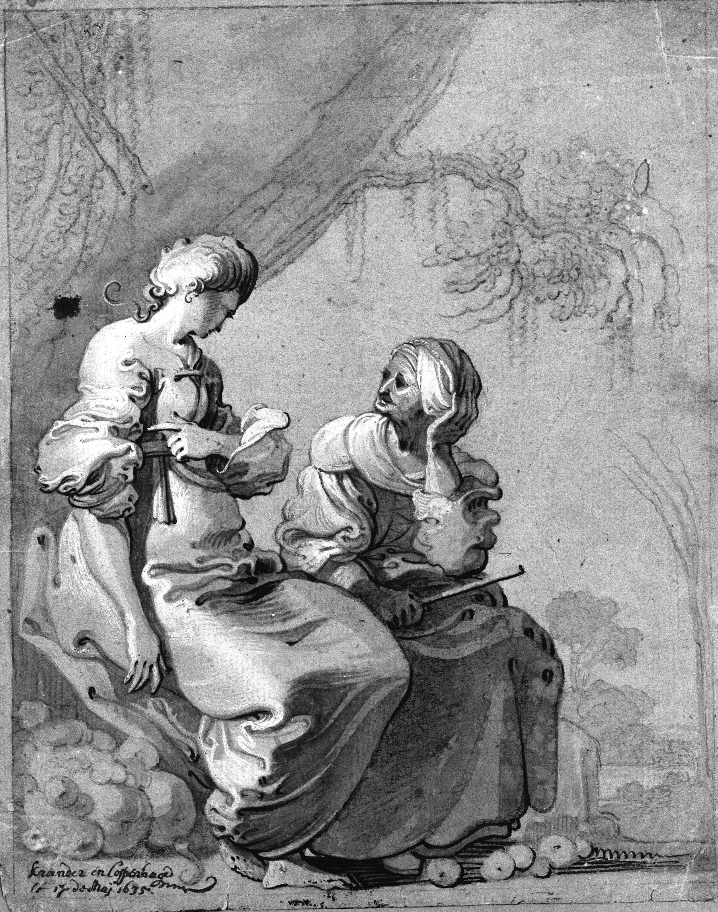 Vertumnus og Pomona siddende under et træ., Mander III, Karel van, 1633-1636