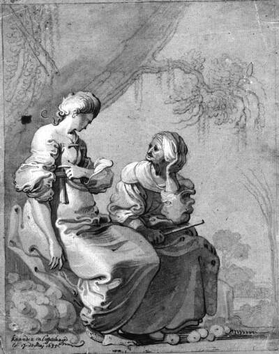 Vertumnus og Pomona siddende under et træ.