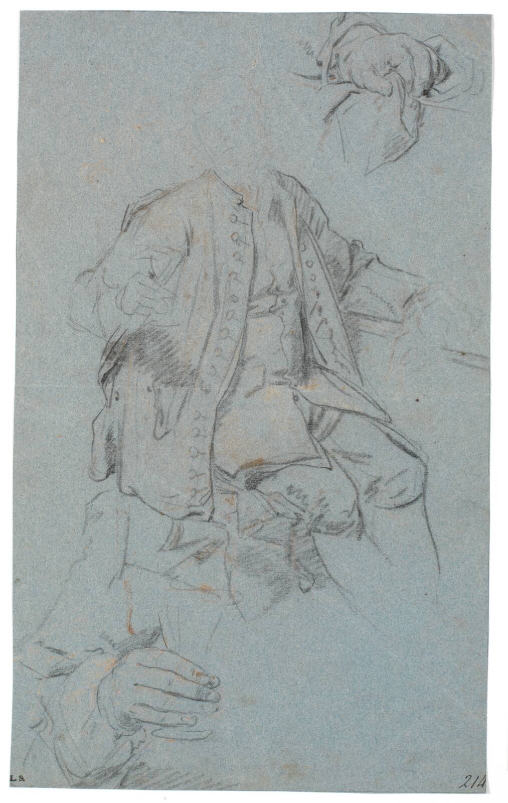 Studie af siddende mand (hovedet kun antydet) samt to detailstudier af hænder, by Heinrich Dittmers, 1625-1677