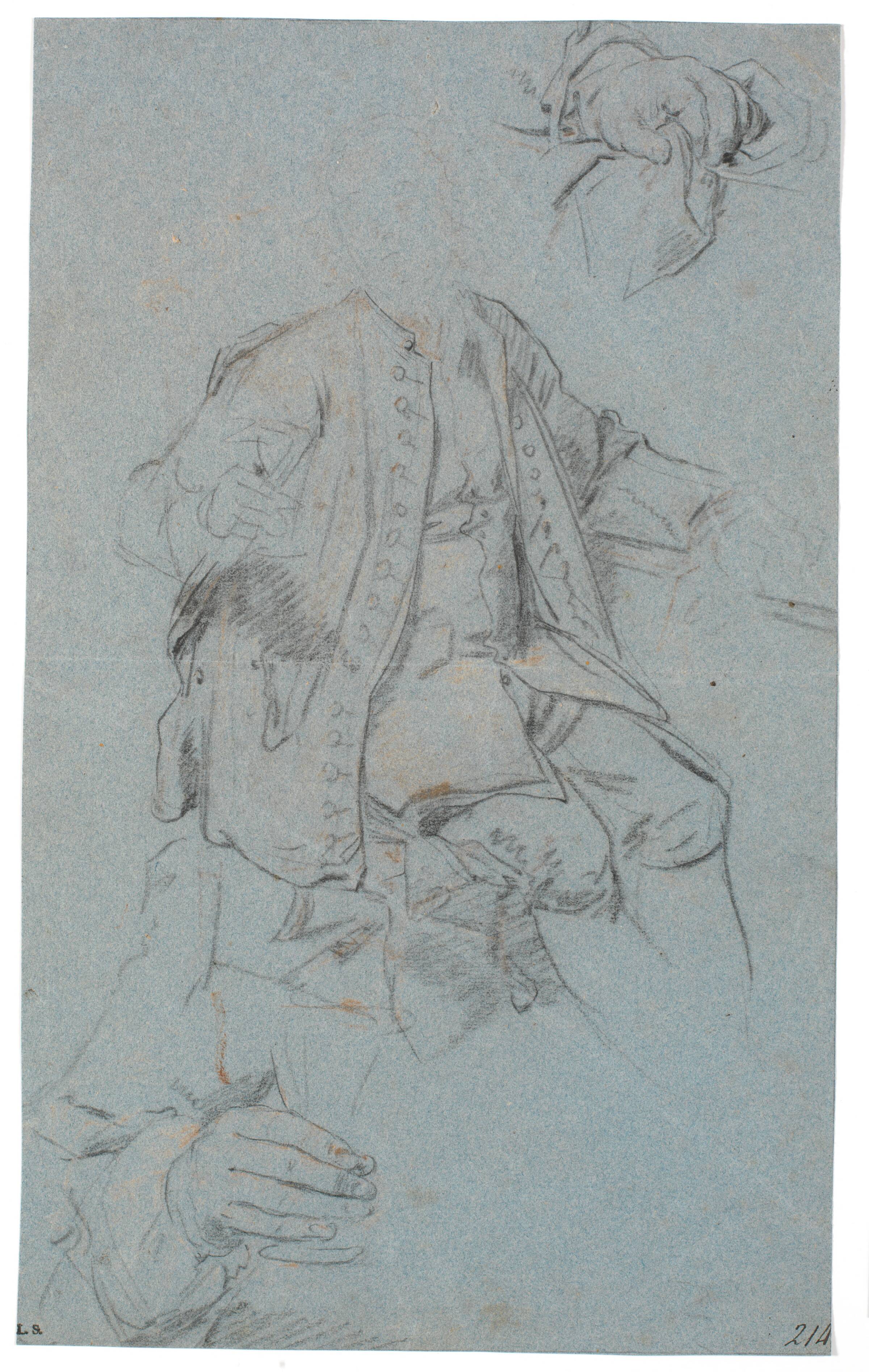 Studie af siddende mand (hovedet kun antydet) samt to detailstudier af hænder, Heinrich Dittmers, 1625-1677