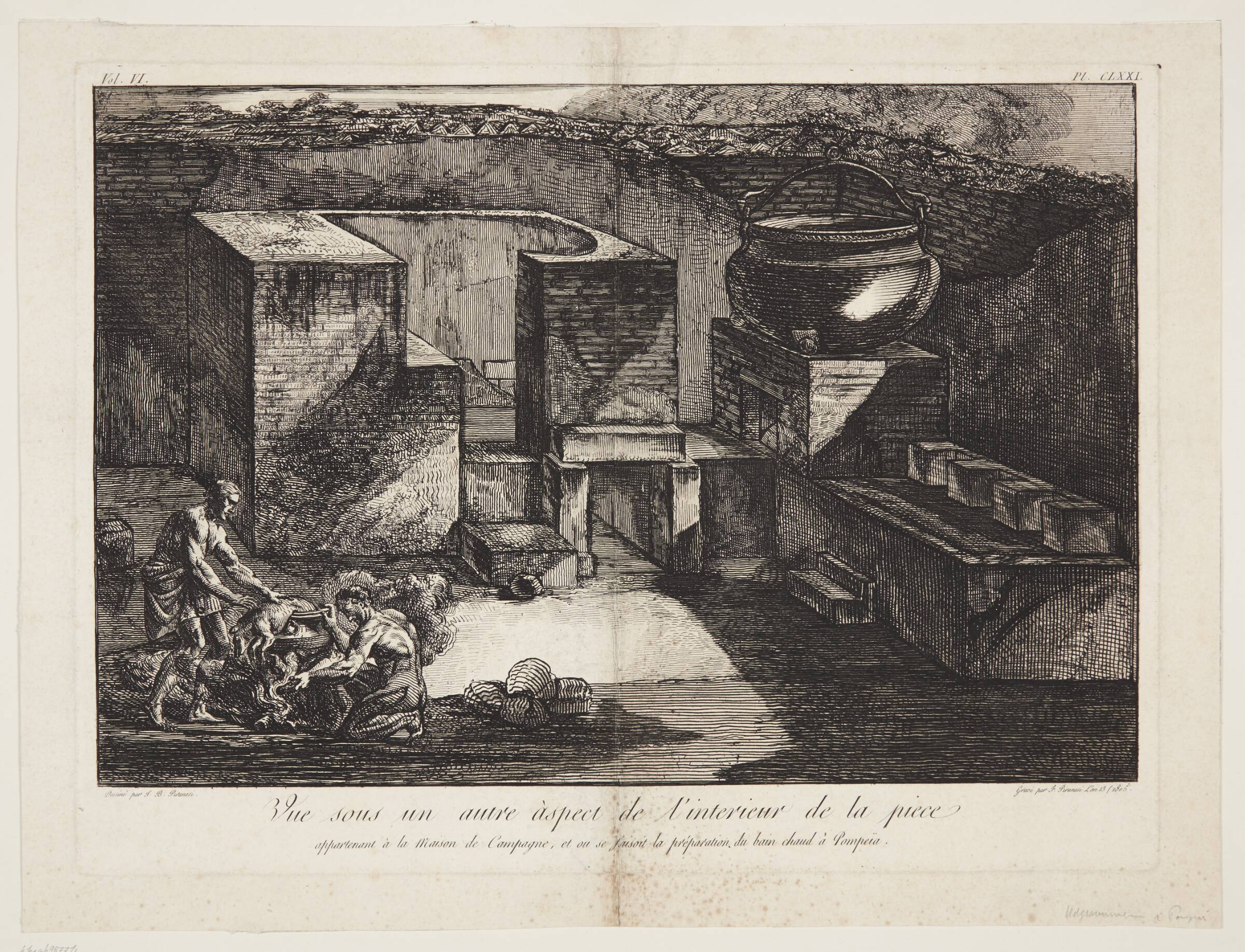 Vue sous un autre aspect de l'interieur de la piece appartenant a la maison de Campagne, et ou se faisant la préparation du bain chaud à Pompeiia, Francesco Piranesi, 1805
