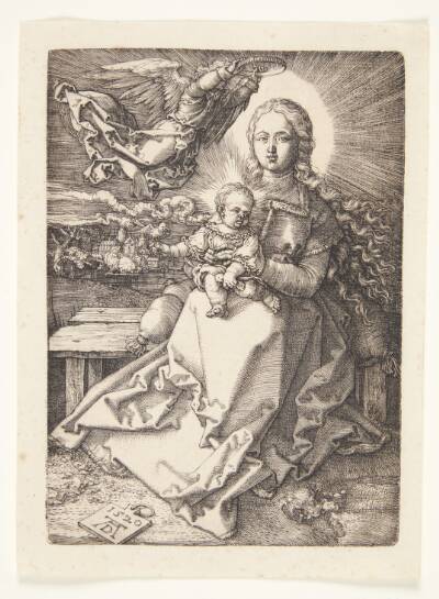 Madonna, siddende, krones af en engel