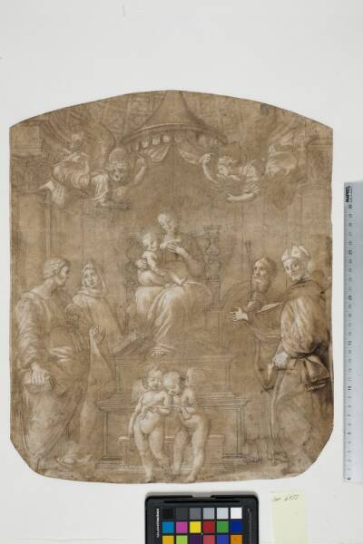Madonna and Child with Sts Peter, Bernard (or Bruno), James, Augustine and four angels, Madonna del Baldacchino