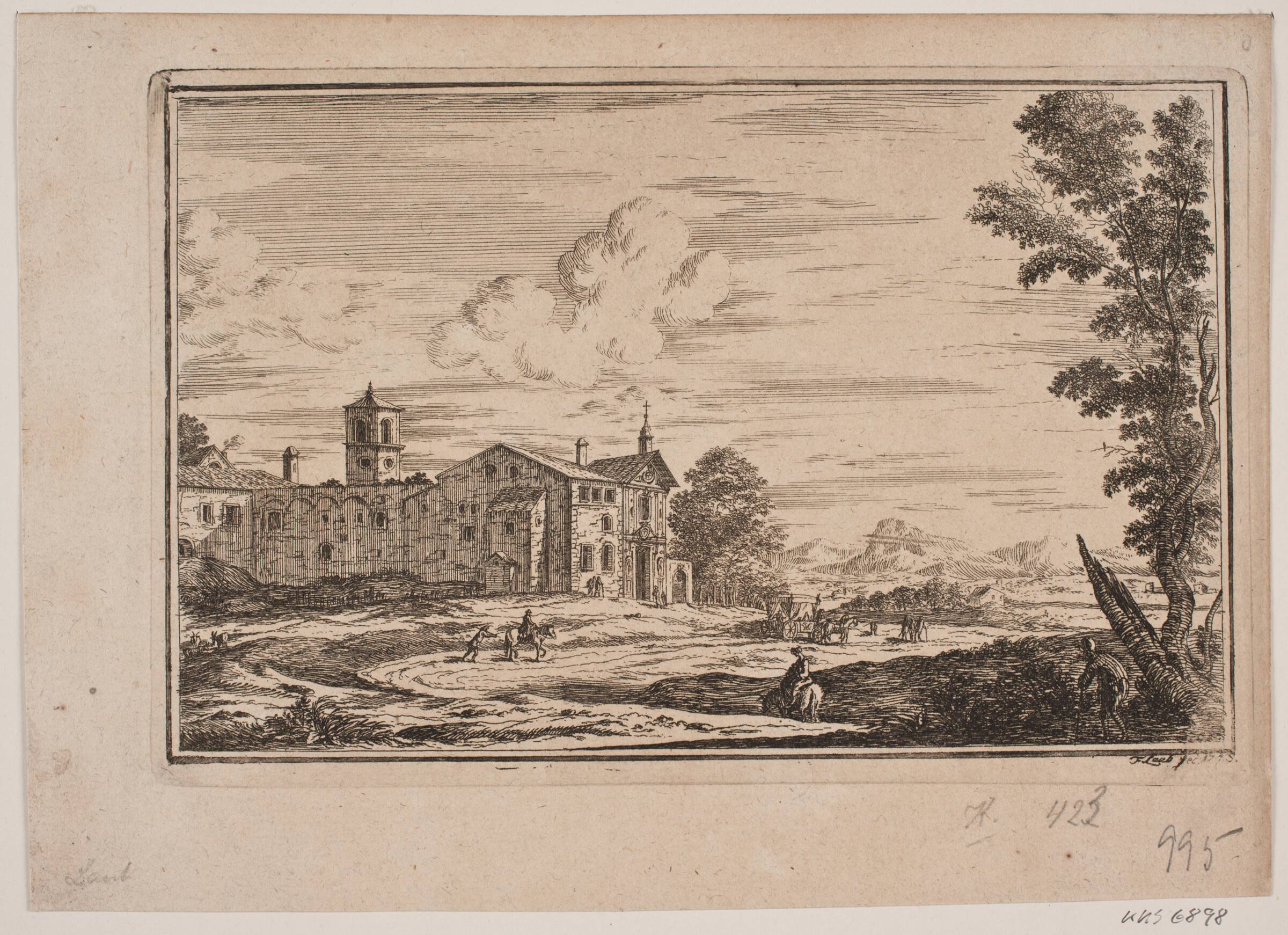 Klosterbygning, til venstre i italiensk landskab, Frederik Laub, 1743