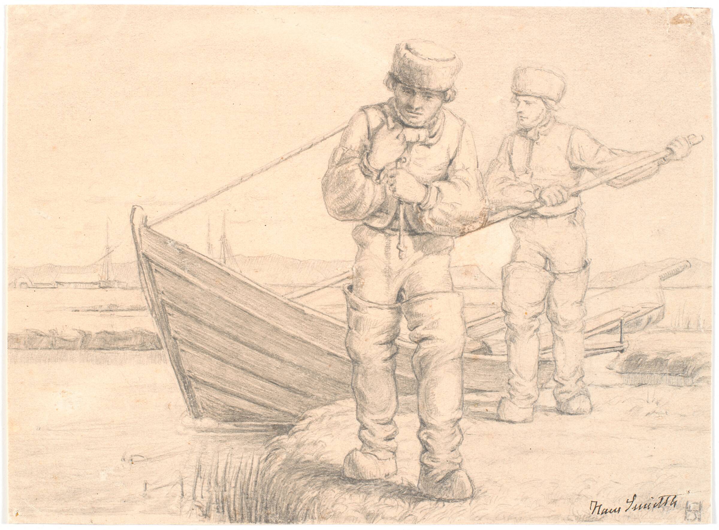 To limfjordsfiskere, der trækker en båd, Hans Smidth, 1870