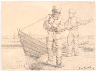 To limfjordsfiskere, der trækker en båd