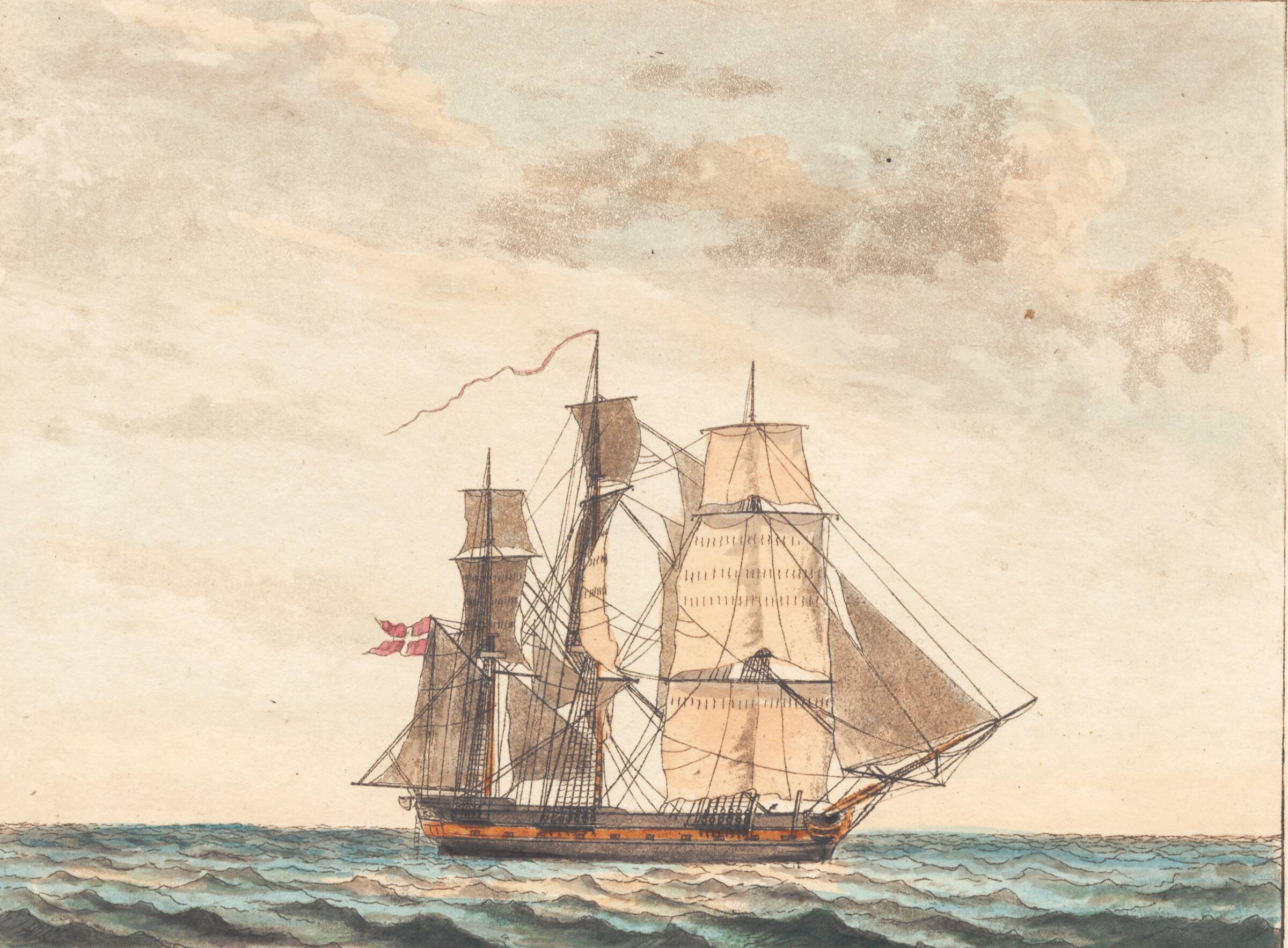 En dansk fregat liggende i vending, Niels Truslew, 1805