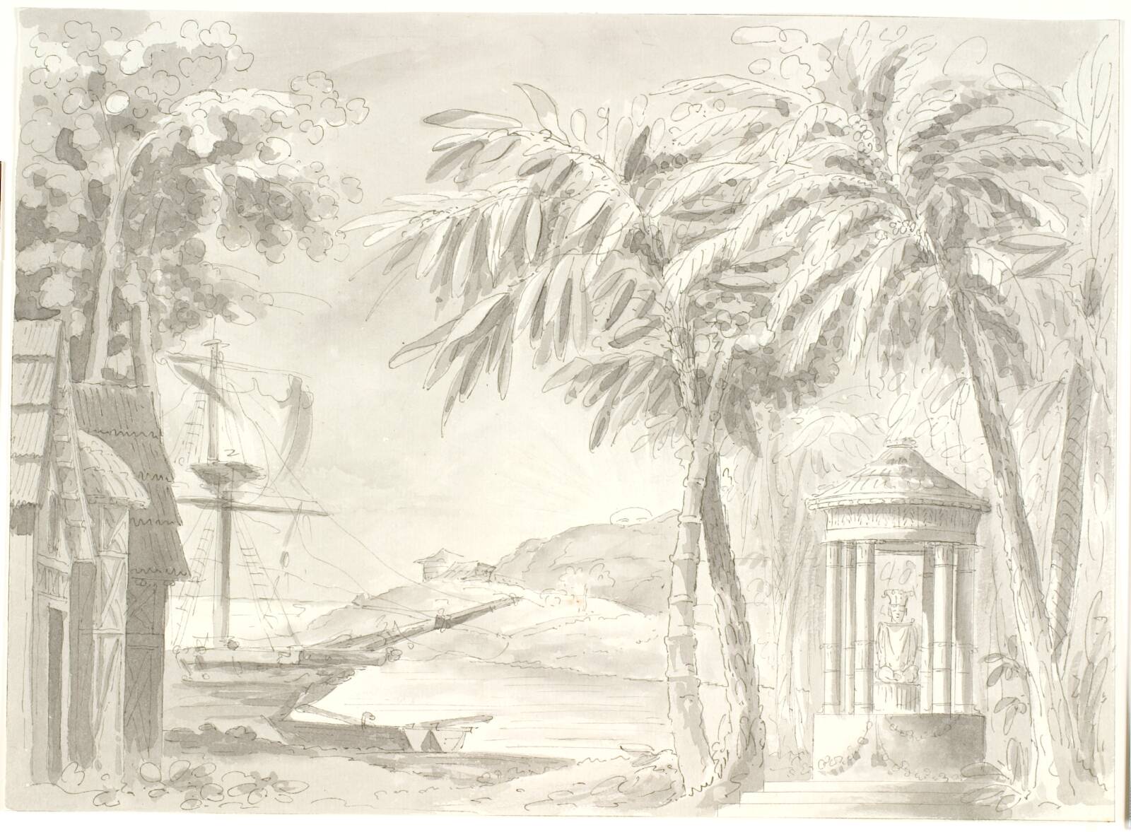 Tropisk kystlandskab med palmer, skib og lille tempel (Buddha?), by Aron Wallick, 1814-1842