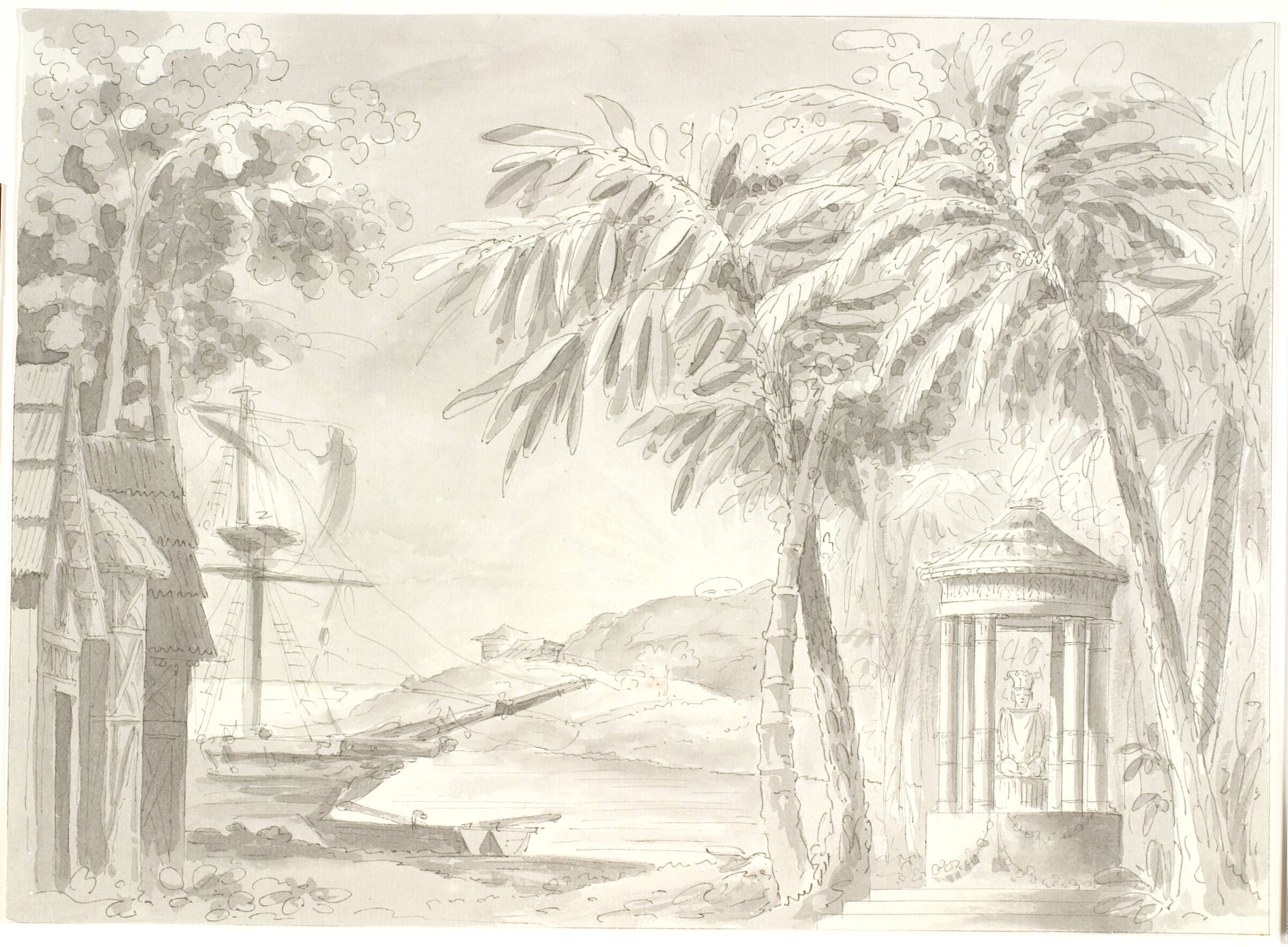 Tropisk kystlandskab med palmer, skib og lille tempel (Buddha?), Aron Wallick, 1814-1842