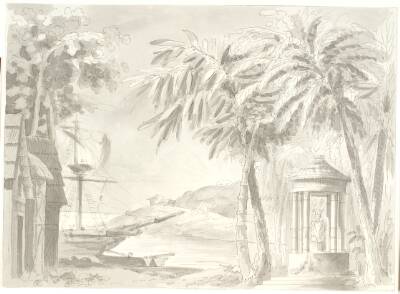 Tropisk kystlandskab med palmer, skib og lille tempel (Buddha?)