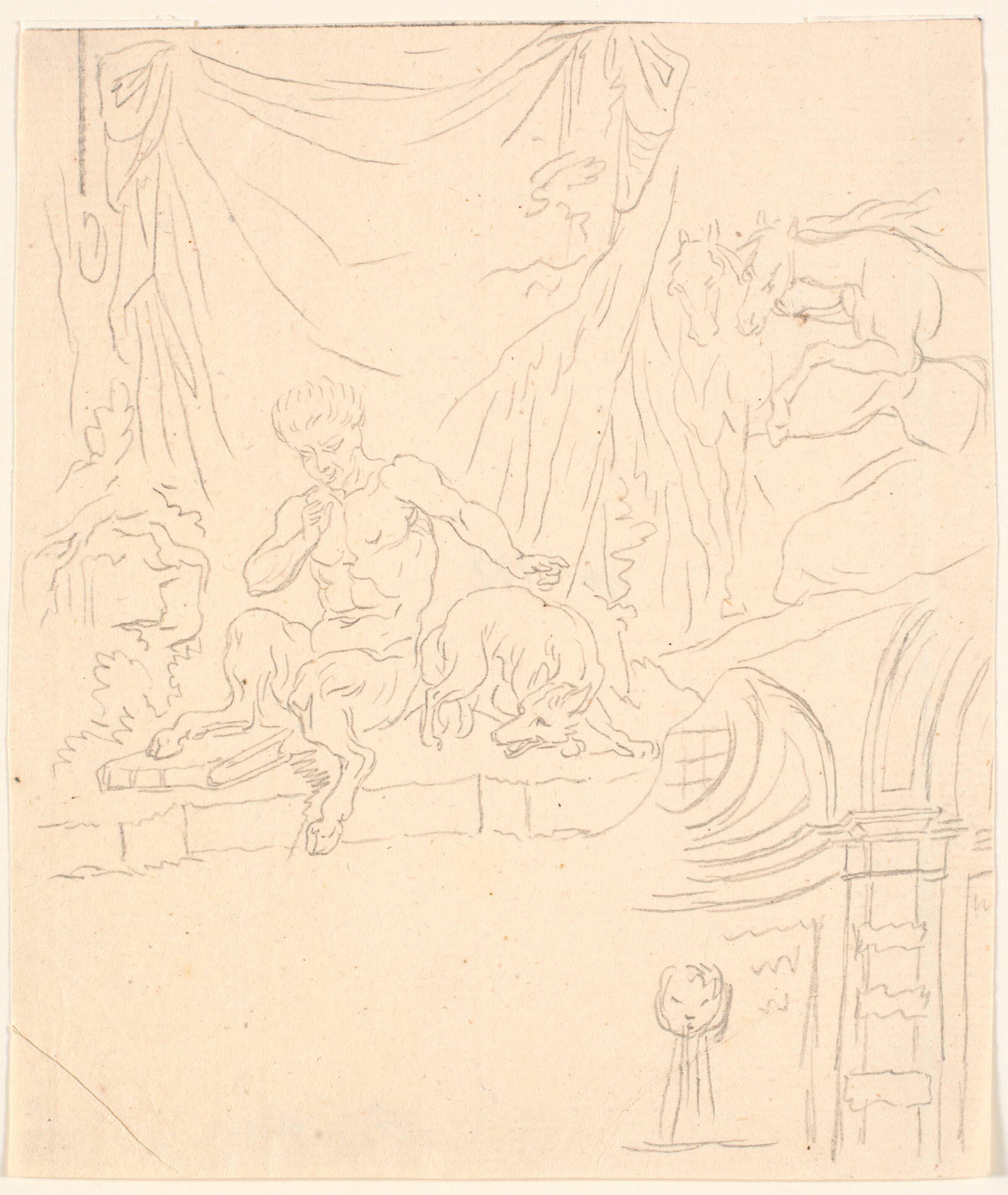 Studieblad; bl.a. siddende faun og et hestepar, Bénoit Le Coffre, 1671-1722