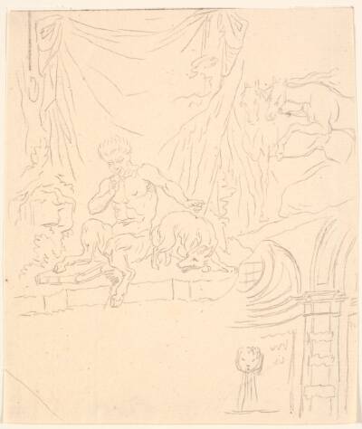 Studieblad; bl.a. siddende faun og et hestepar