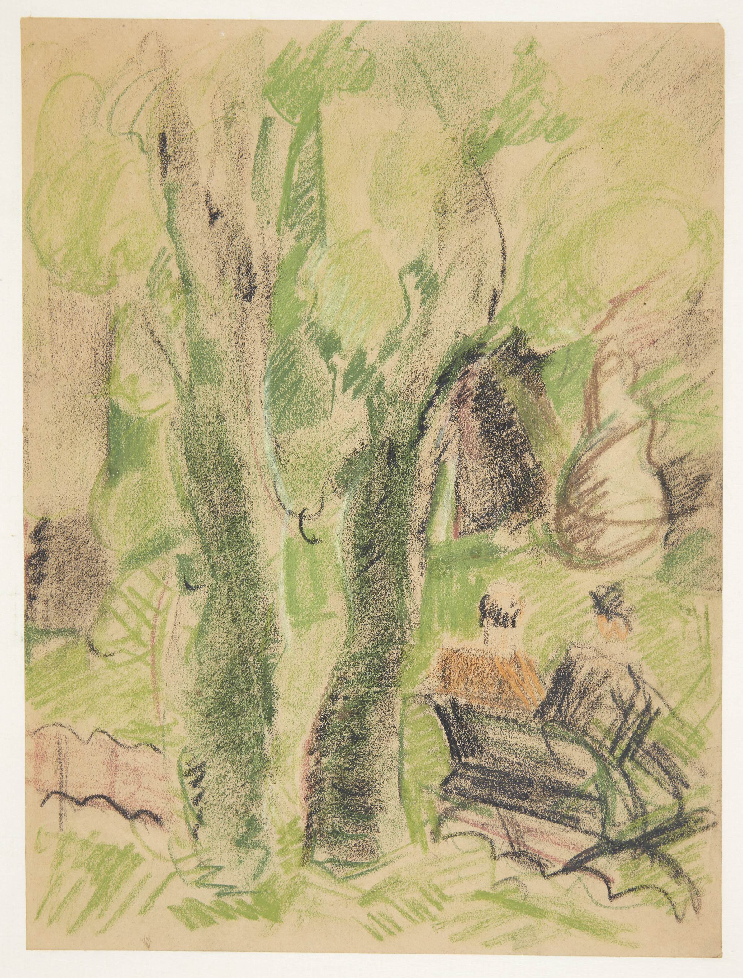 Park med kvinde og mand siddende på en bænk, Ebba Carstensen, 1900-1967