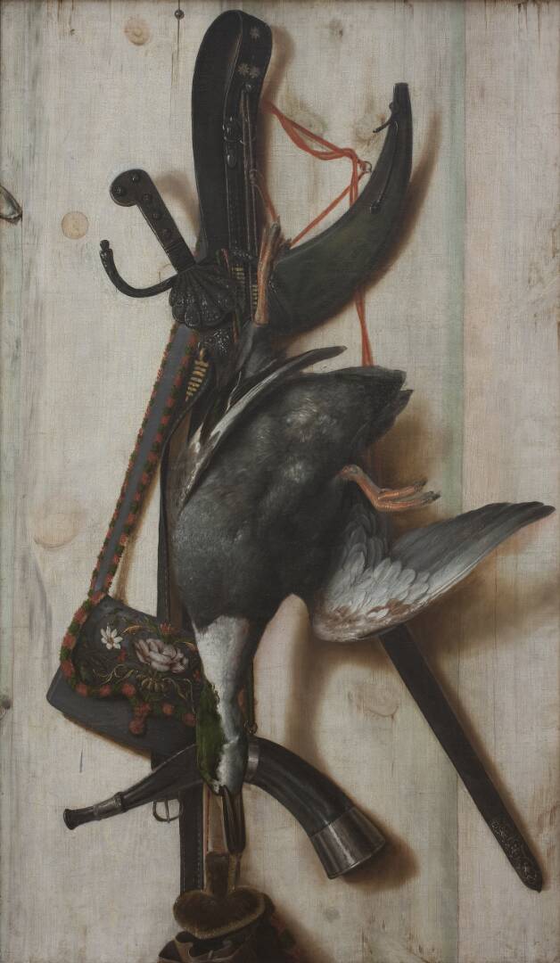 Trompe l'Oeil with Dead Duck and Hunting Implements, by Cornelius Norbertus Gijsbrechts, 1670-1674