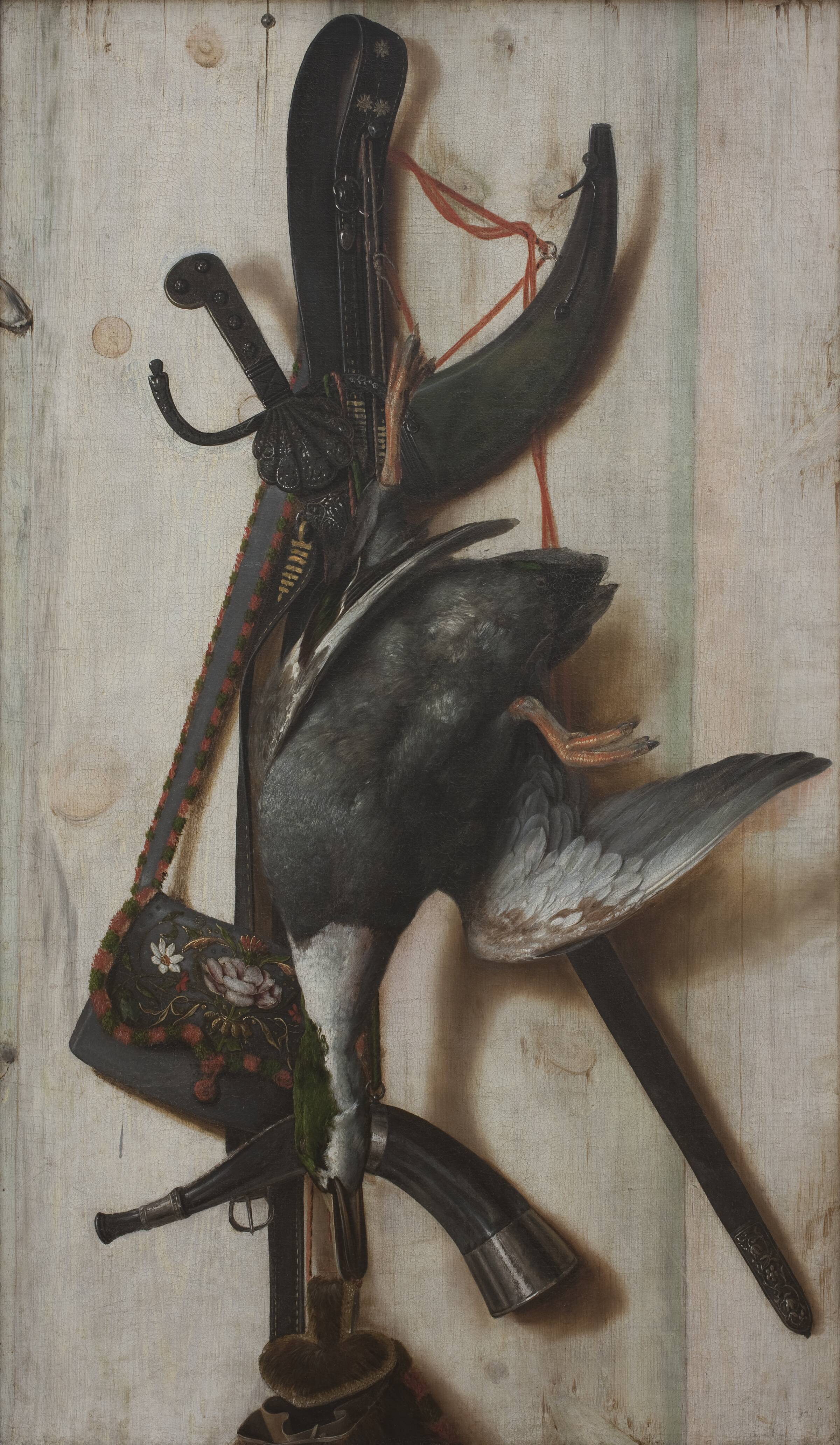 Trompe l'oeil med død and og jagtredskaber, Cornelius Norbertus Gijsbrechts, 1670-1674