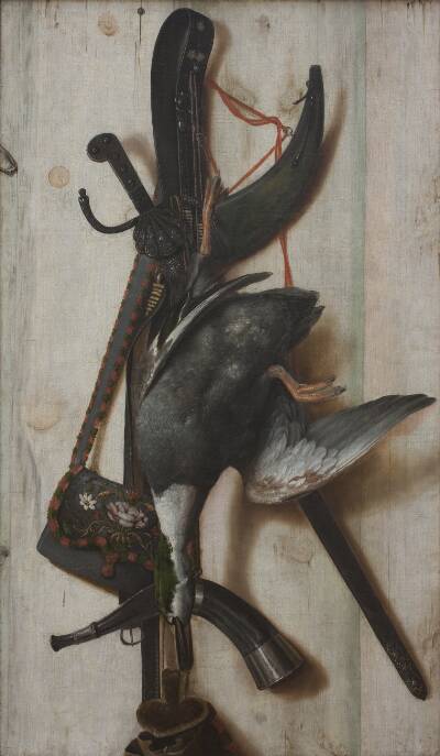 Trompe l'oeil med død and og jagtredskaber
