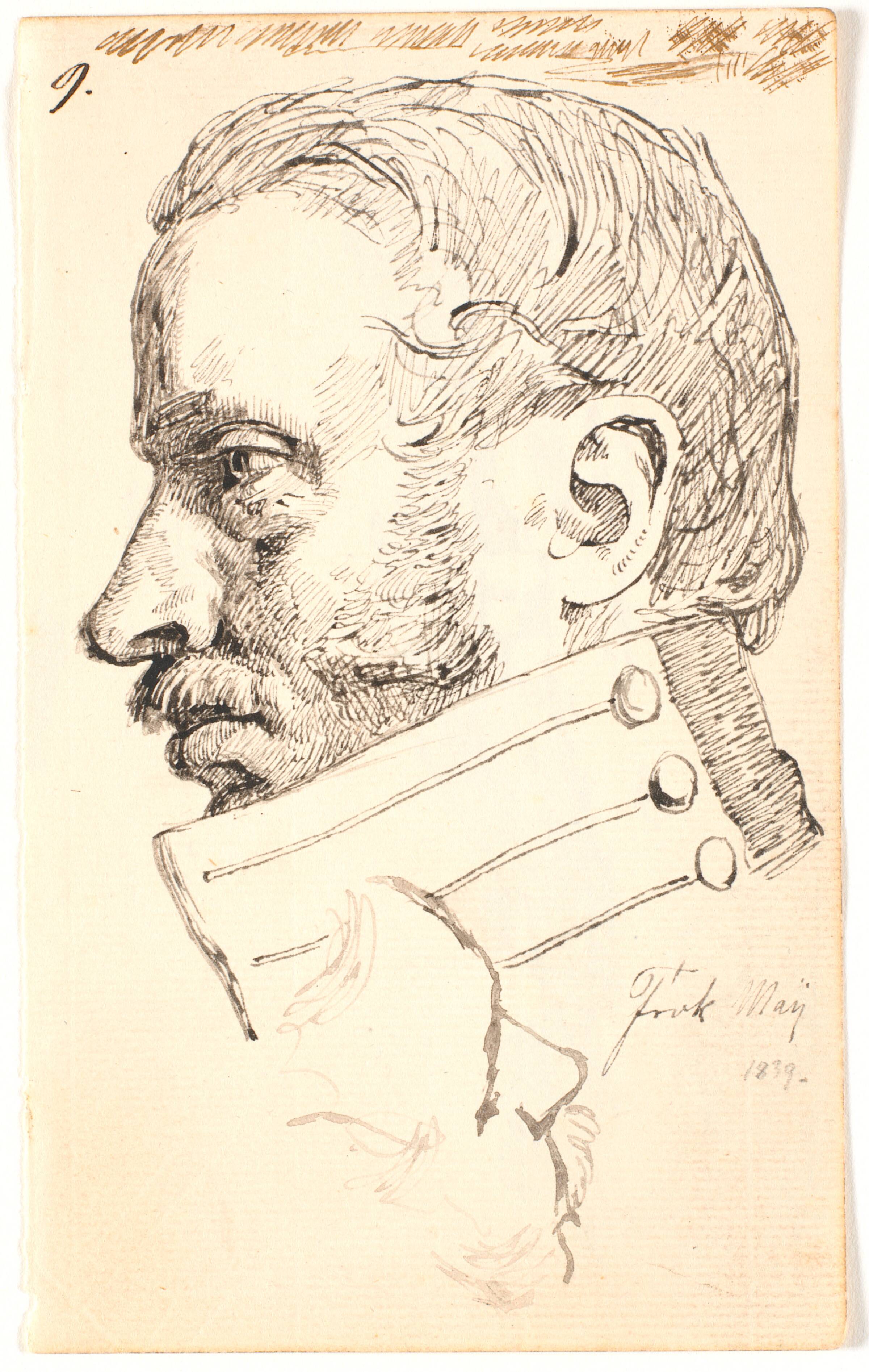 Kunstnerens bror Christen Carl Lundbye, brystbillede, profil t.v. Foroven løs skitse af samme person set halvt fra oven., Johan Thomas Lundbye, 1839