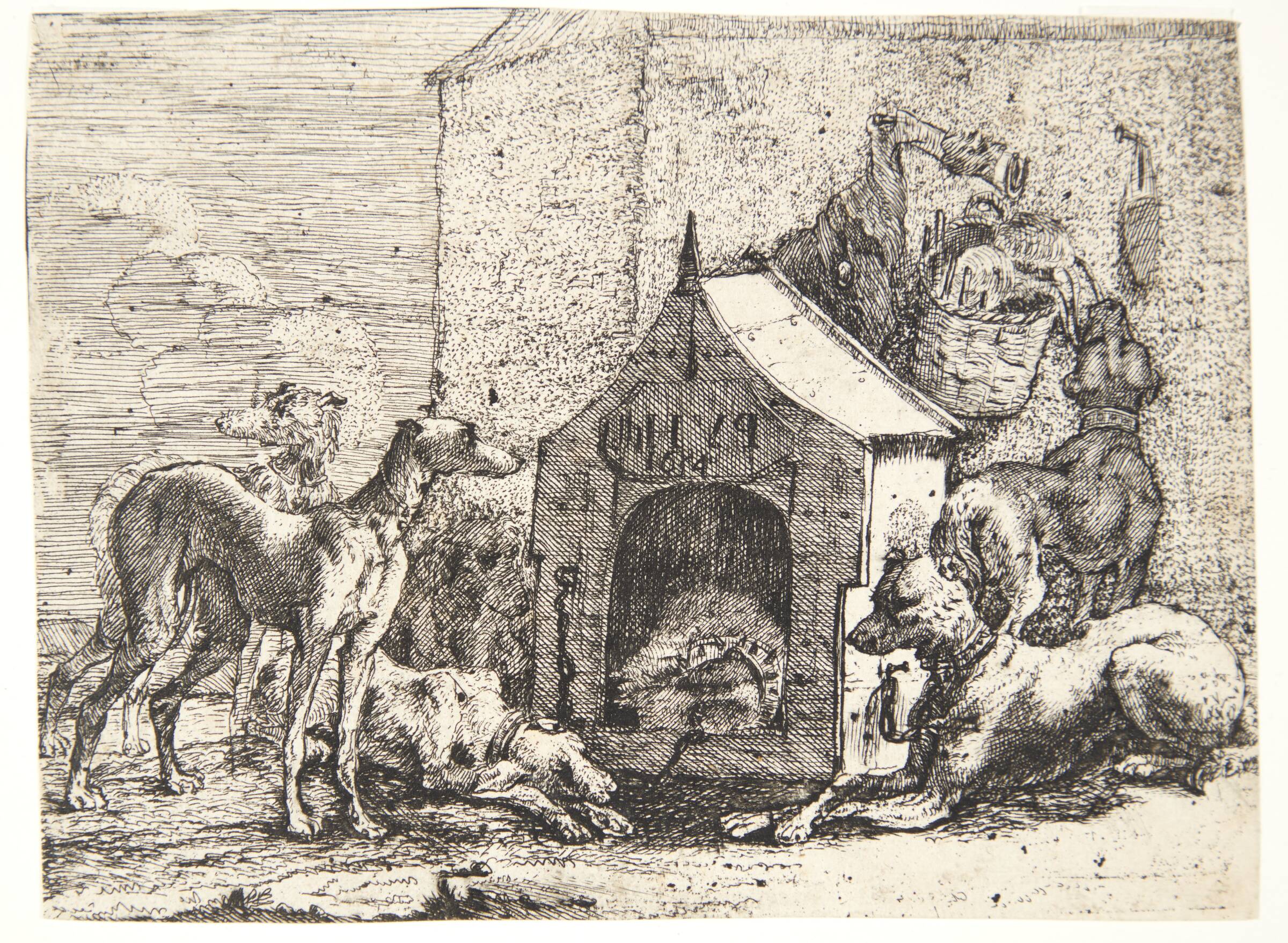 Kennel med seks hunde, Paulus van Hillegaert, 1654