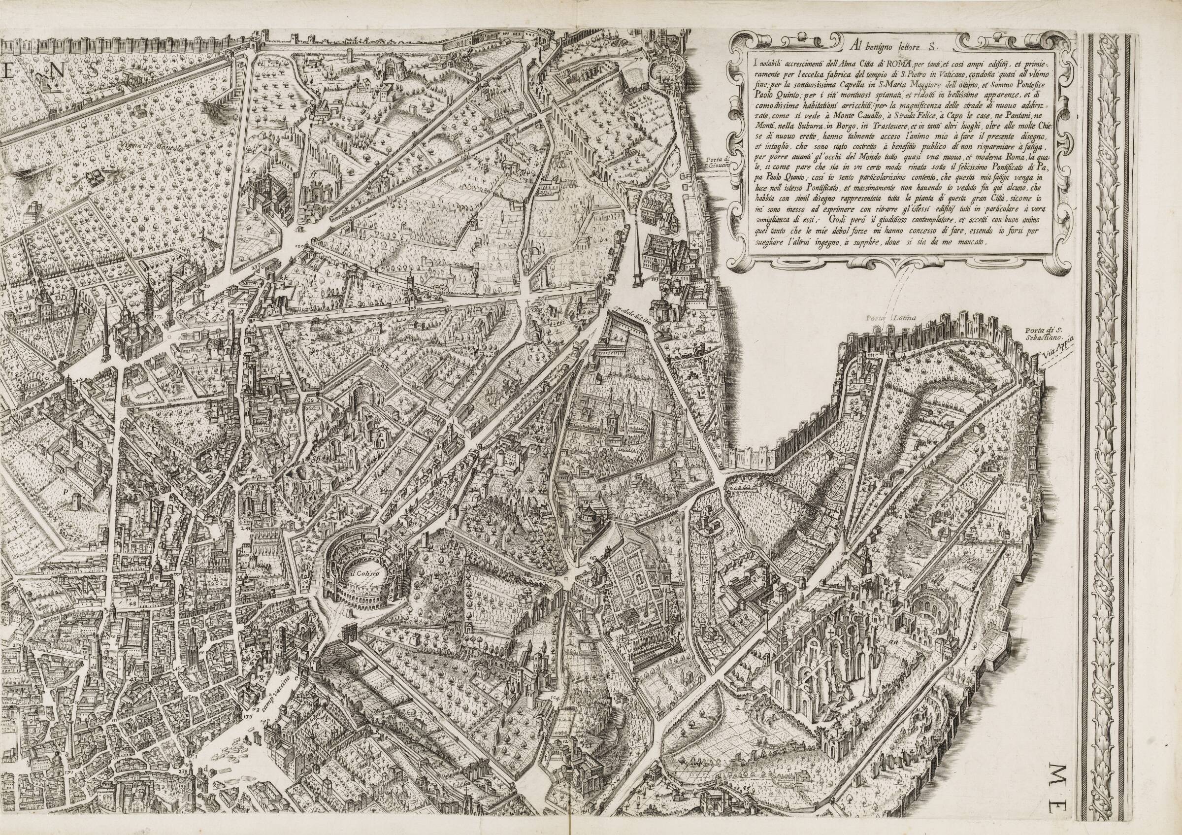 Kort over Rom med de syv pilgrimskirker. Øverste højre del, Matthäus Greuter, 1618