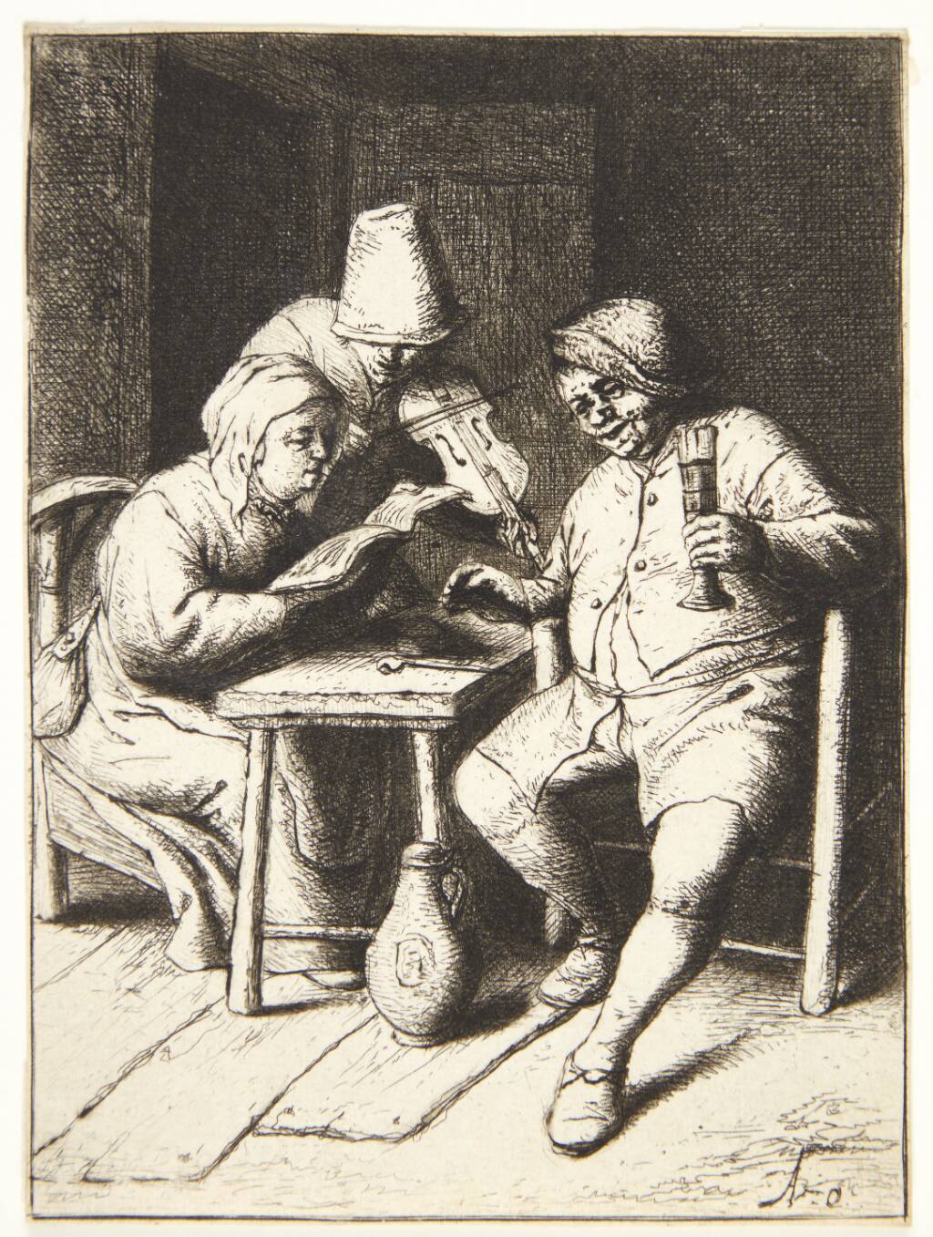 Kvinde, som synger, akkompagneret af en fiolspiller og en mand, der drikker, Adriaen van Ostade, 1644