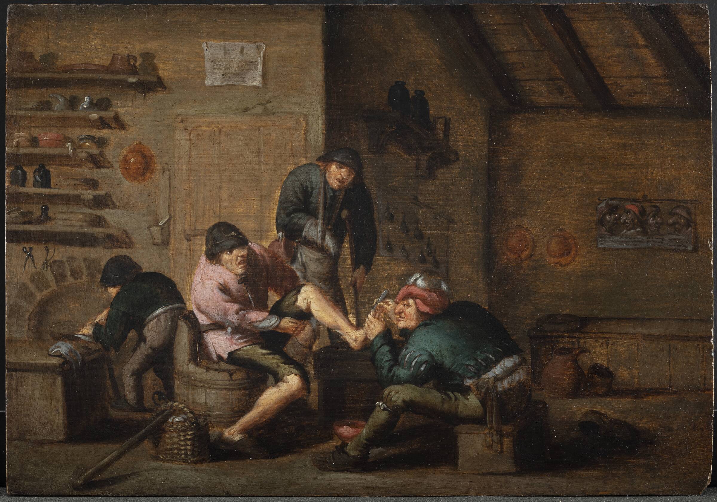 En barber opererer en fod. De fem sanser: Følesansen, Anthonie Victoryns, 1637-1656