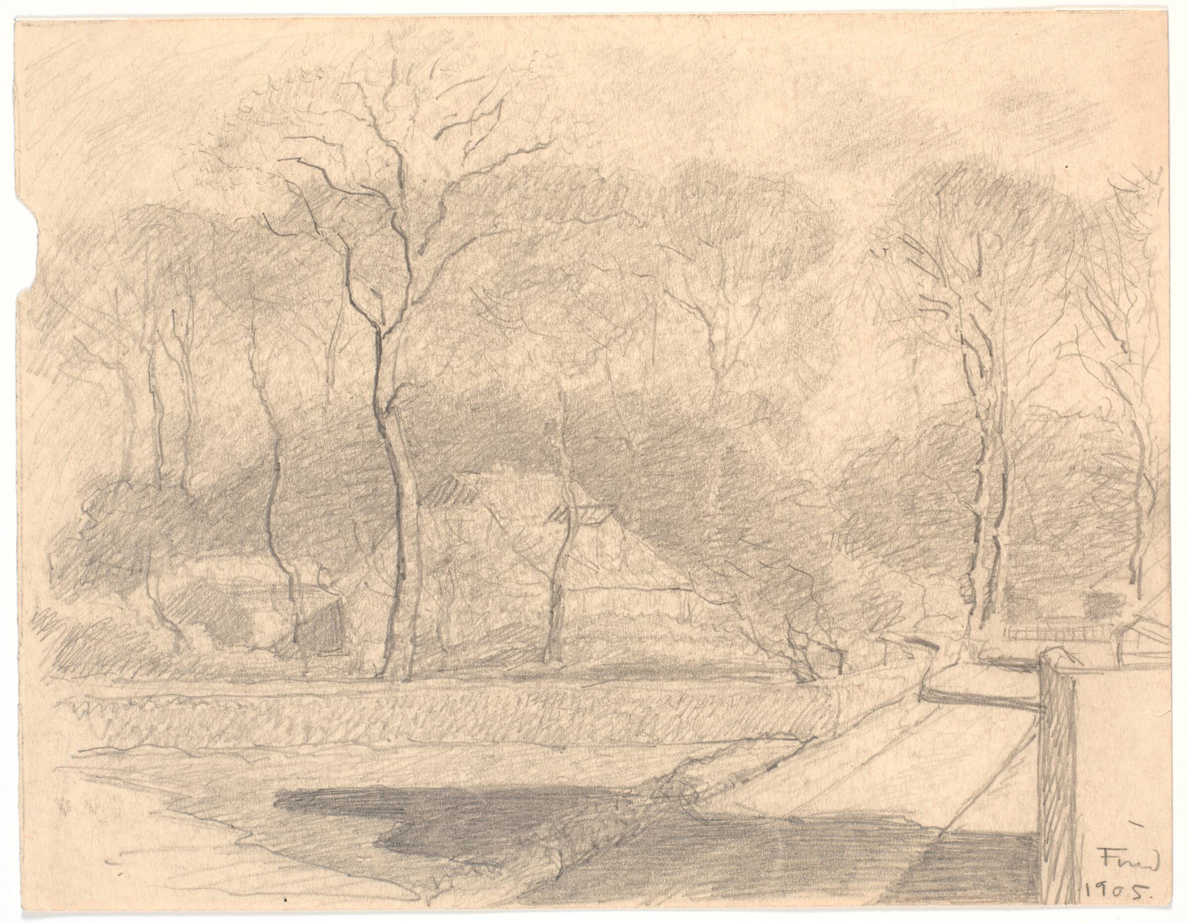 Hus ved indkørslen til en skov, Ludvig Find, 1905