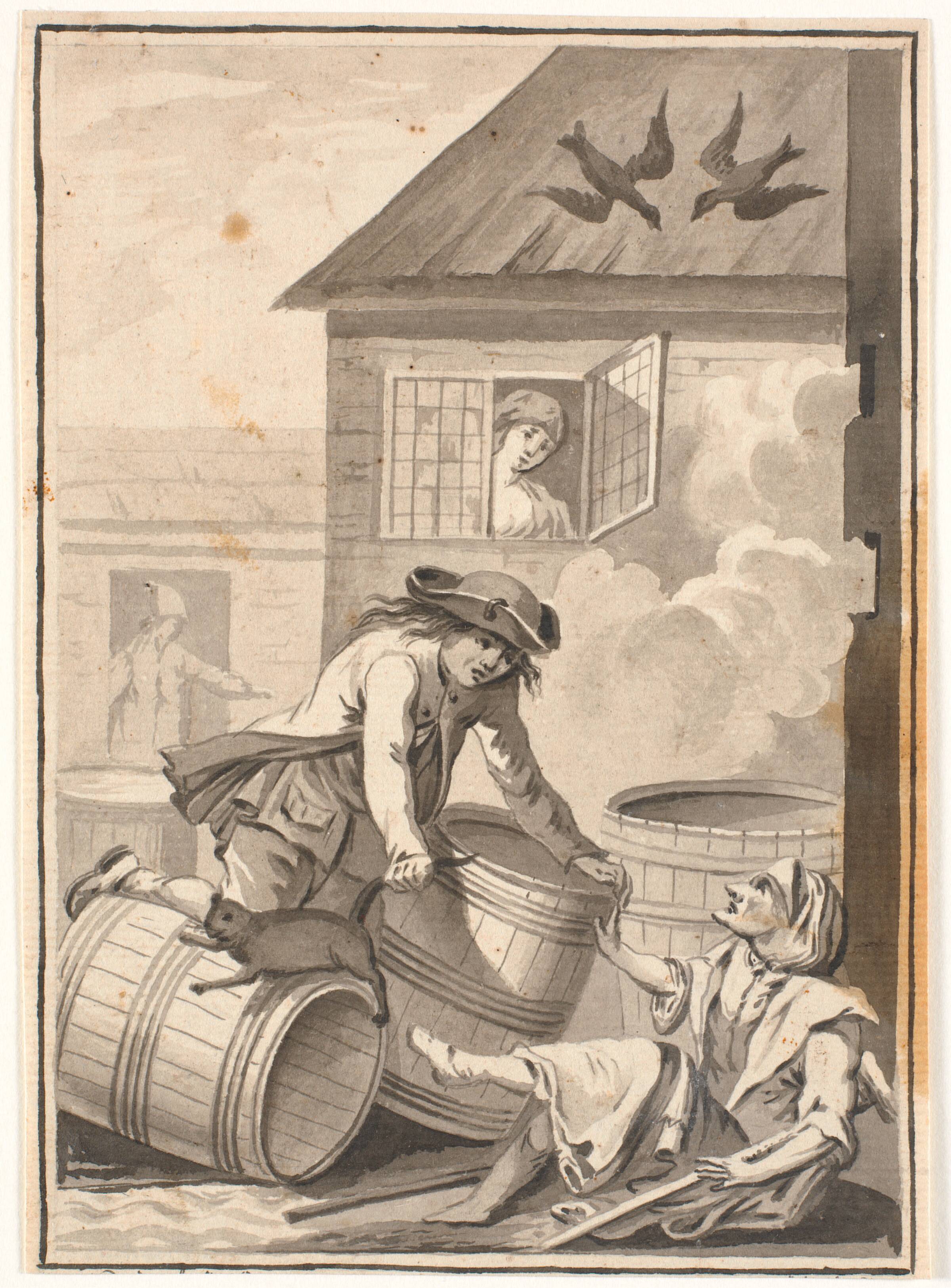 Jens Blok og Gunild. Illustration til Ludvig Holberg: Peder Paars 1772. (2. bog, 3. sang), Johannes Wiedewelt, 1770-1773
