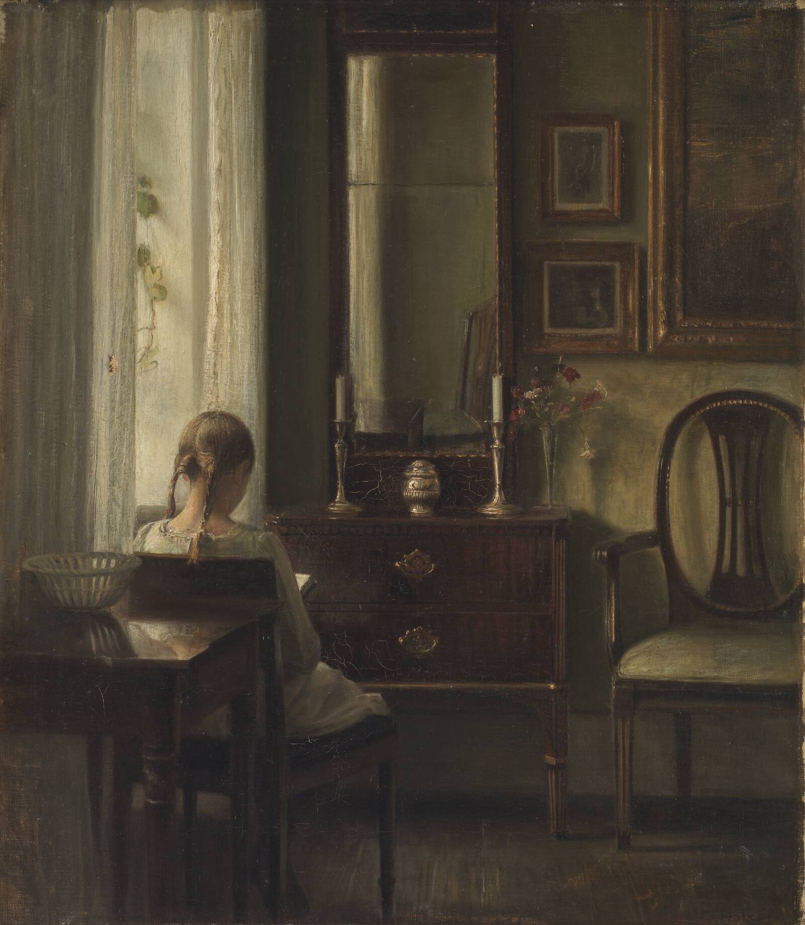 Interiør med ung pige der læser, Carl Holsøe, 1903