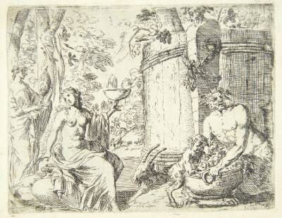 To nymfer og en satyr siddende ved et vinanker