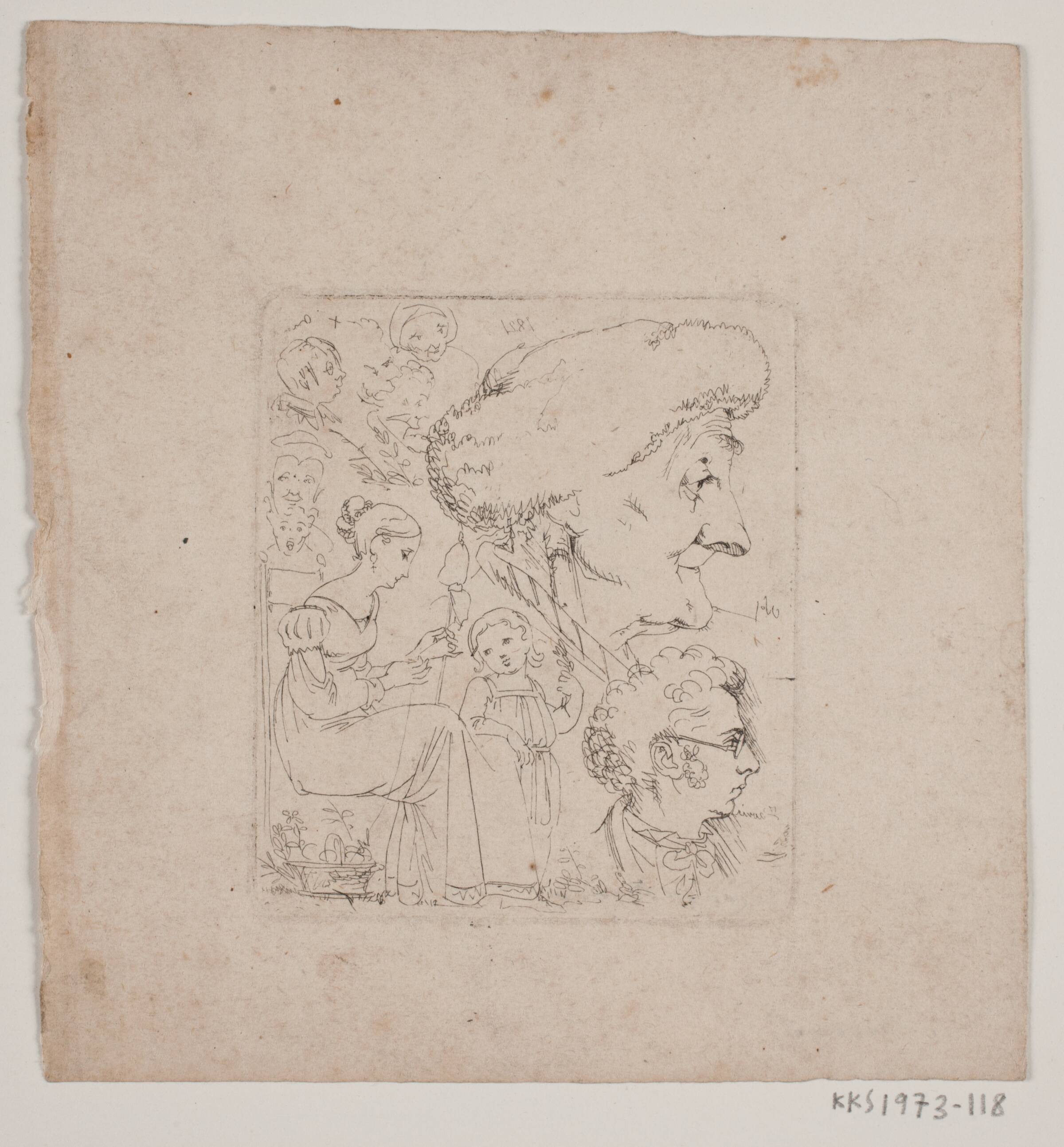 Prøveblad med selvportræt og ansigtsstudier i profil, Ernst Meyer, 1821