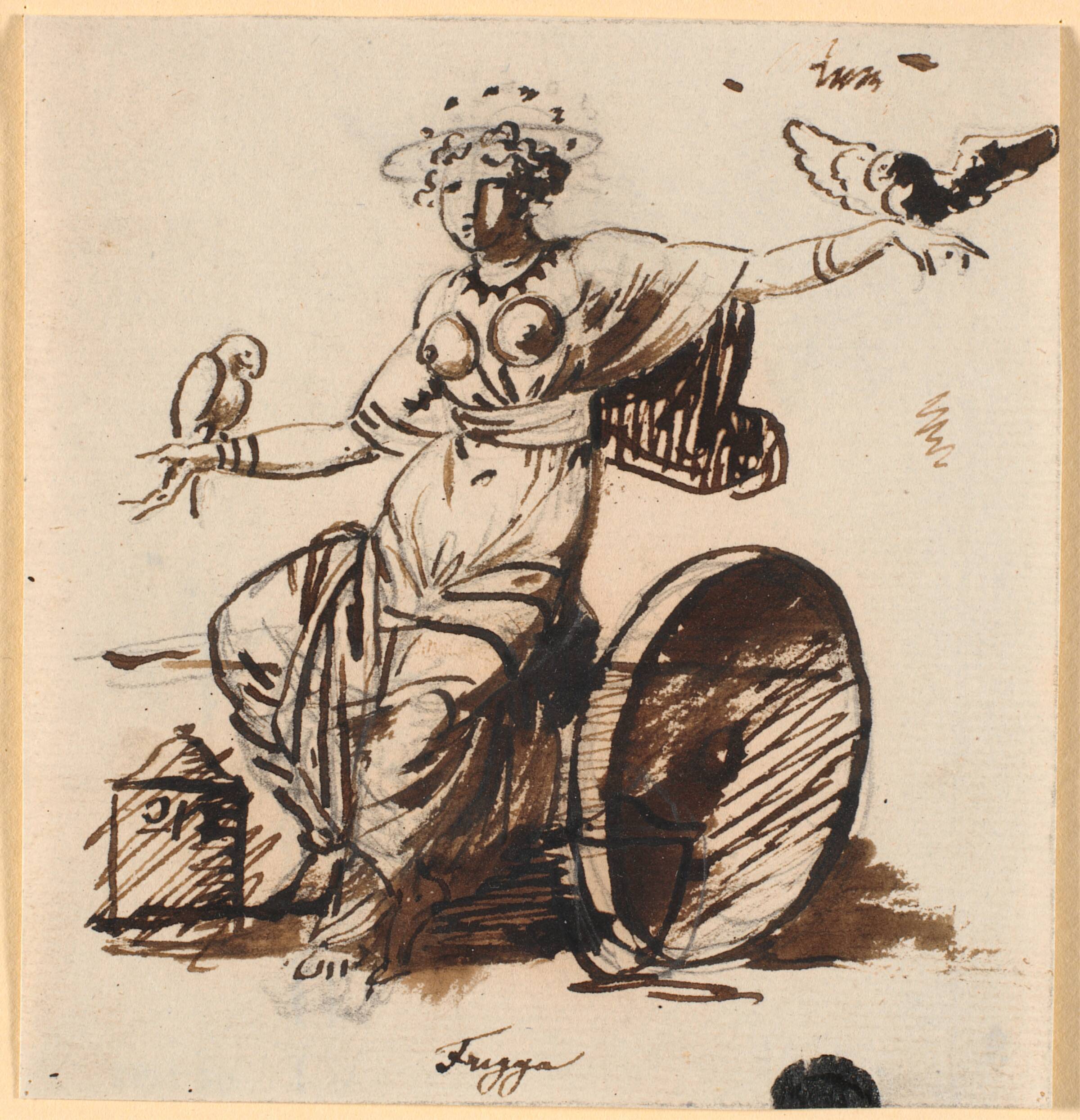Frigga, siddende, med en høg på hver af sine hænder, Nicolai Abildgaard, 1743-1809