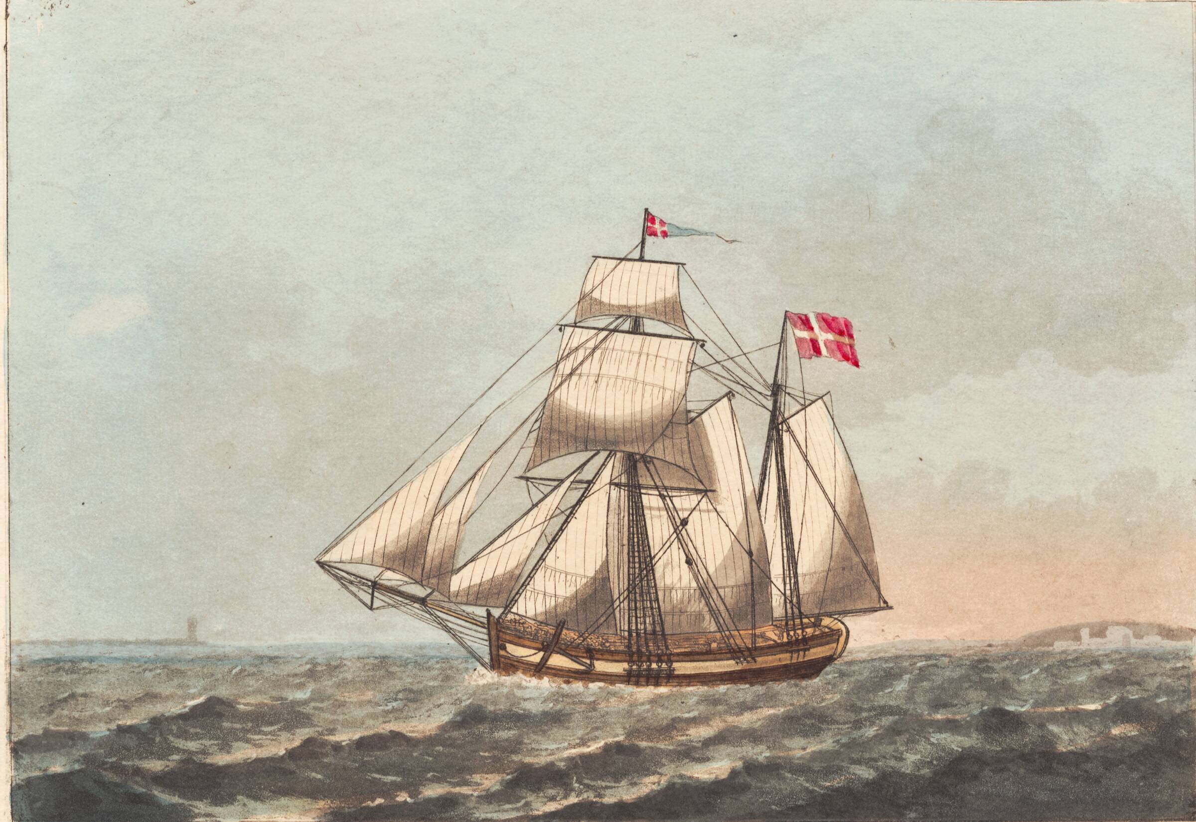 En dansk galease, at see i læ, med sidevind, Niels Truslew, 1805