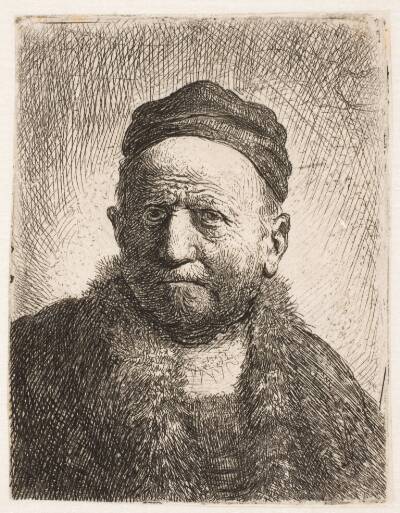 Mand med snæver hue (Rembrandts fader?). Lille plade