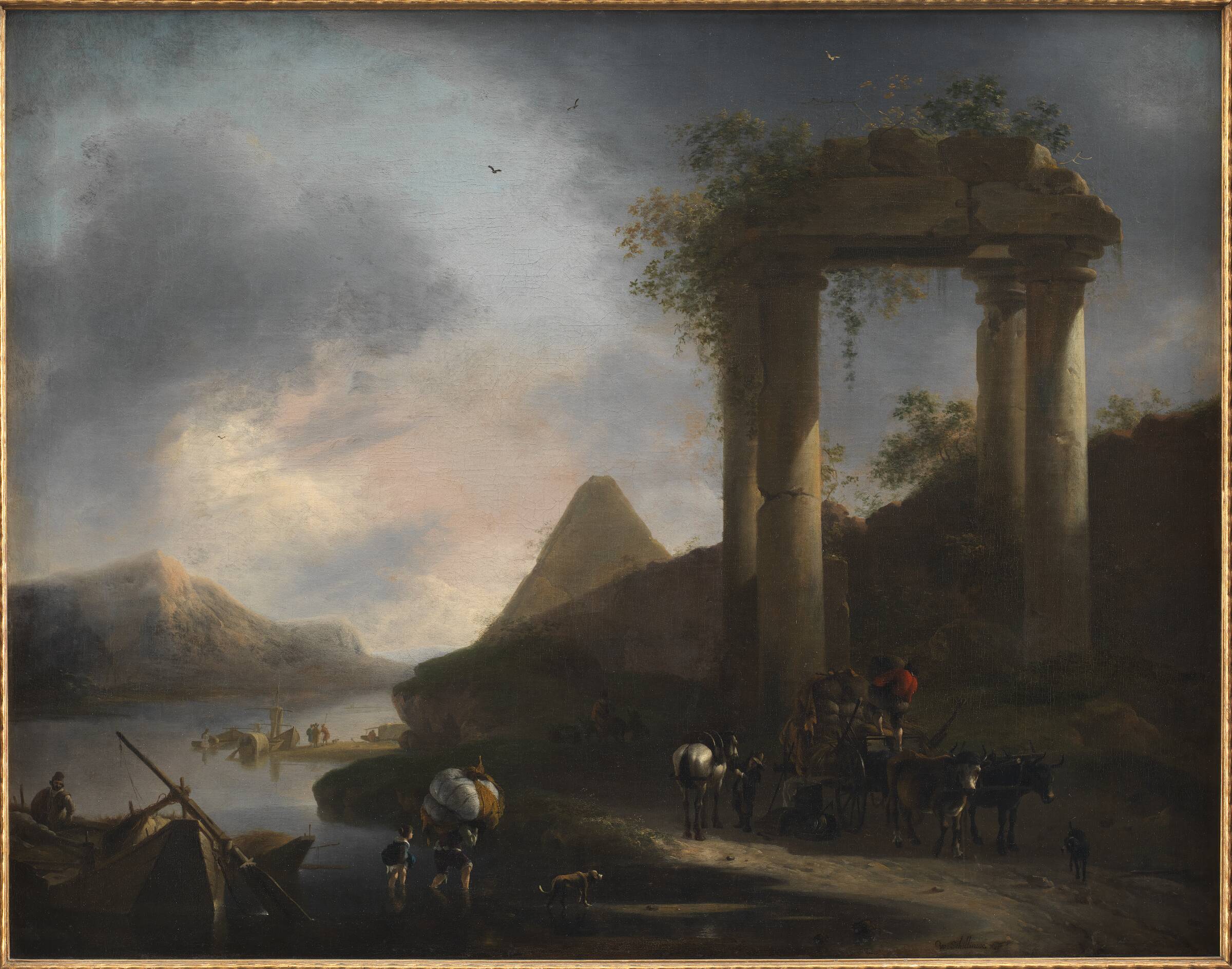 Italiensk landskab med antikke ruiner, Willem Schellinks, 1642-1678