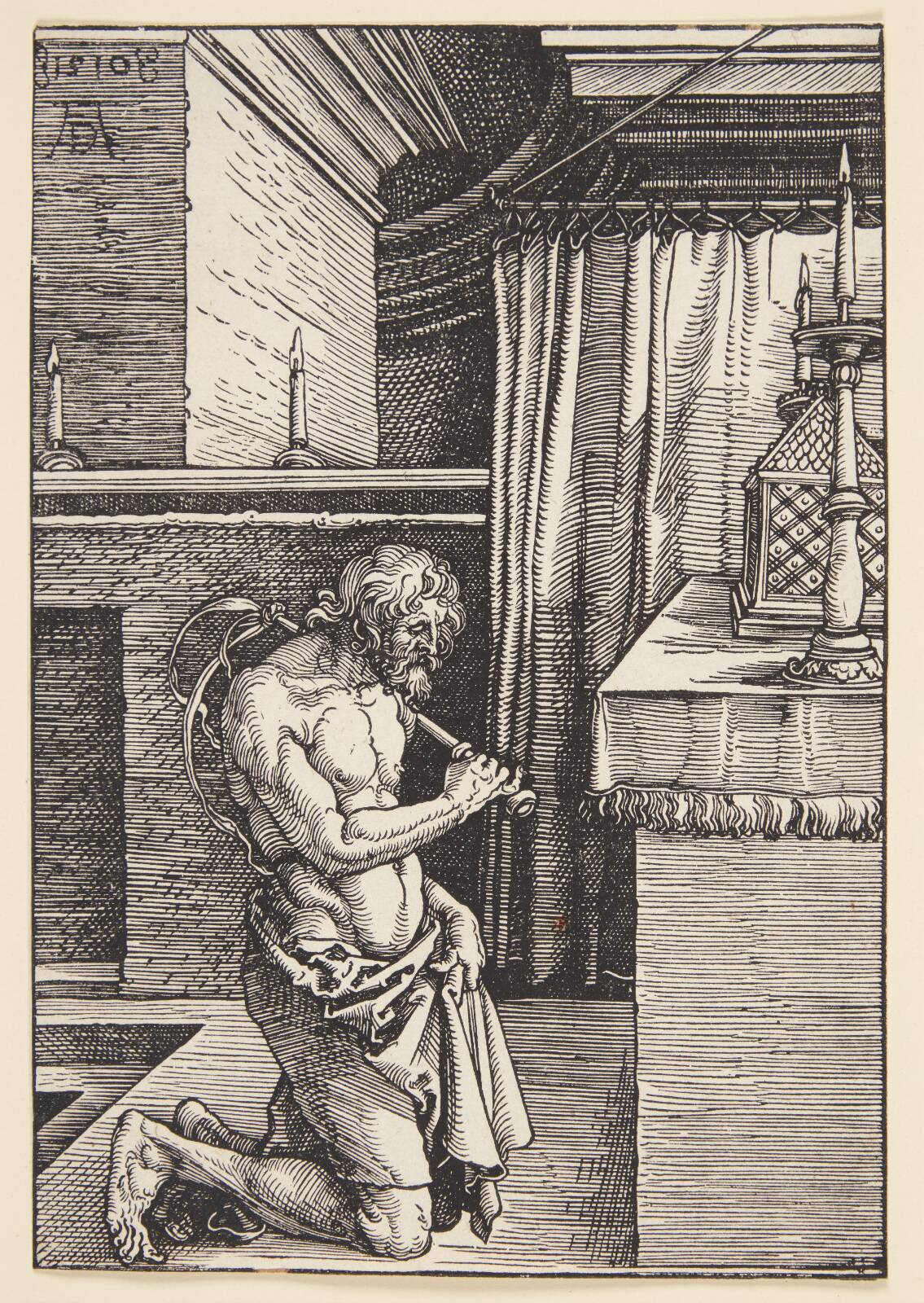 Old man in turban, standing with stick, by Karel van der Pluym, 1640-1672