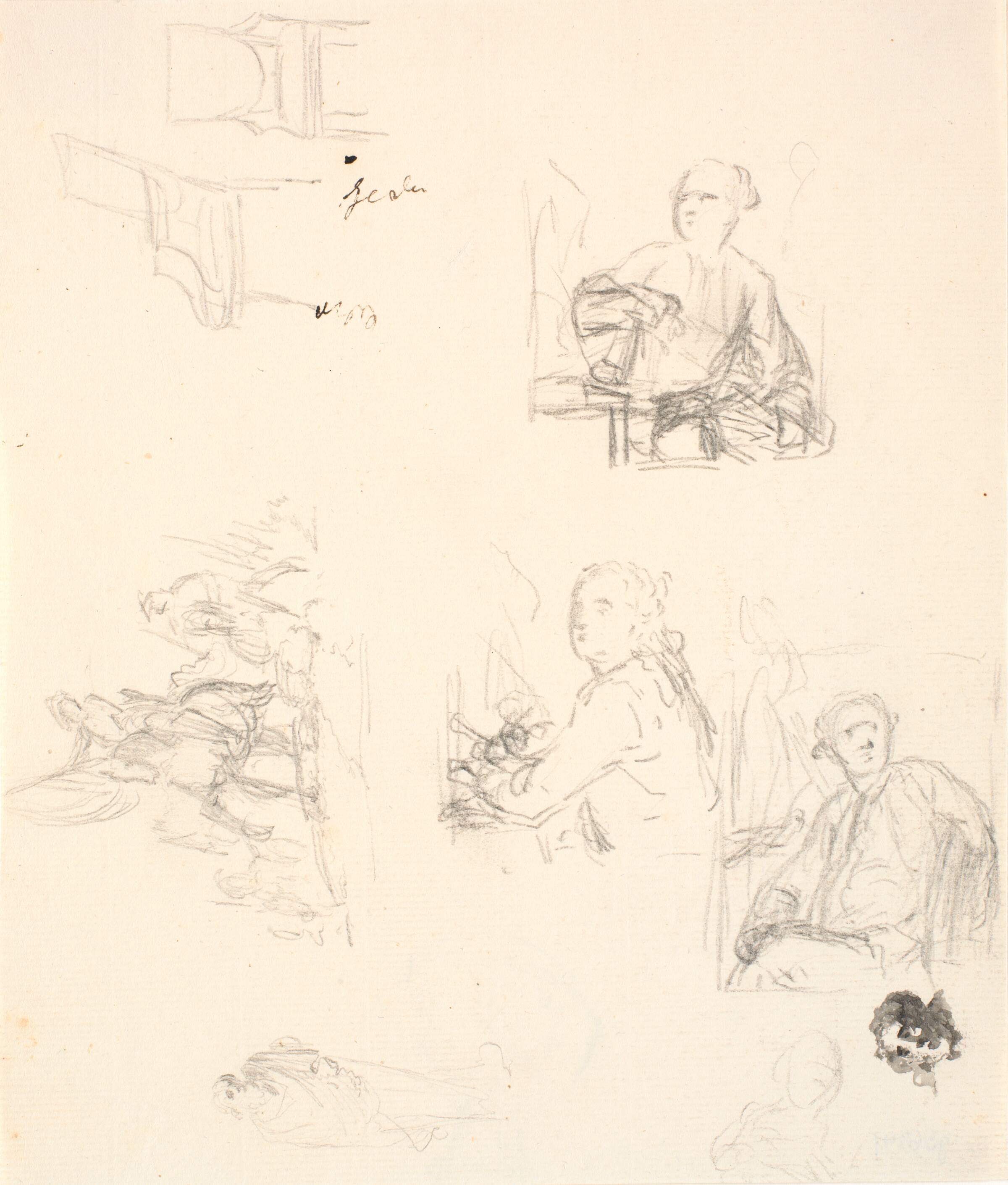 T.h. skitser til maleriet af Andreas Weidenhaupt, Kunstakademiet?. T.v. skitse af ryttere og to stole, C.A. Lorentzen, 1746-1828