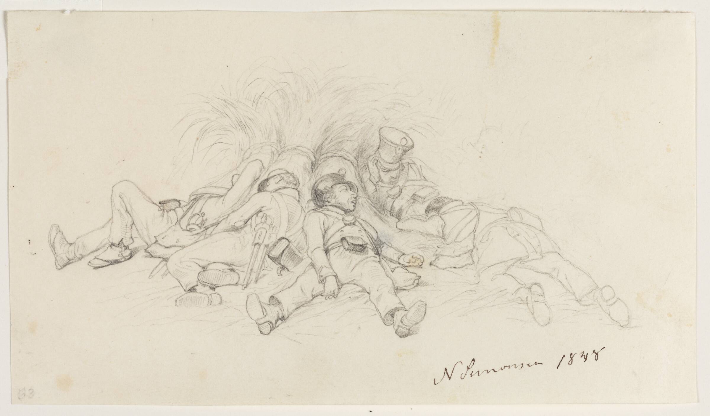 Fem soldater sovende op ad en trave, Niels Simonsen, 1848