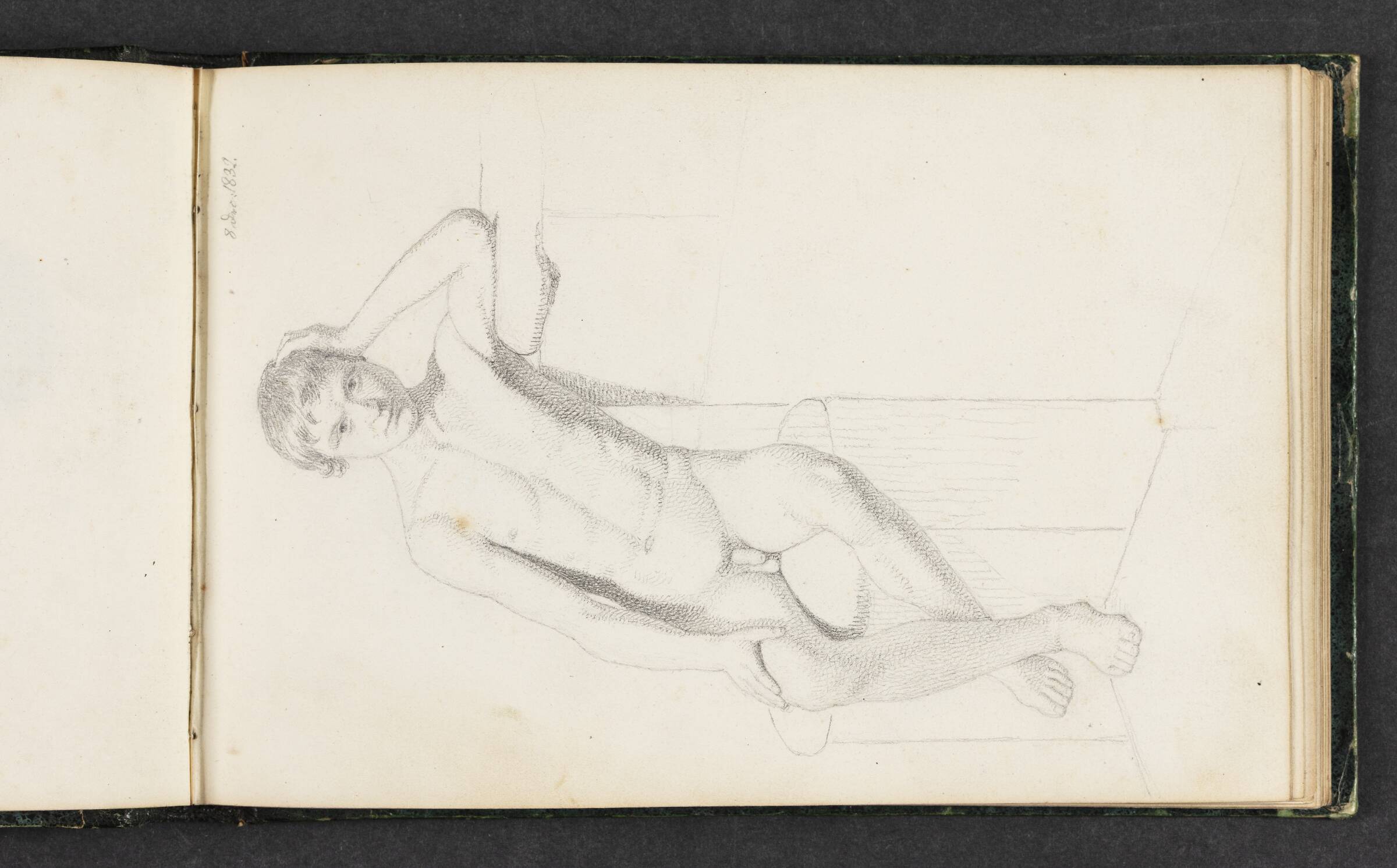 Siddende, nøgen, mandlig model der støtter hovedet med venstre hånd, Erling Eckersberg, 1832