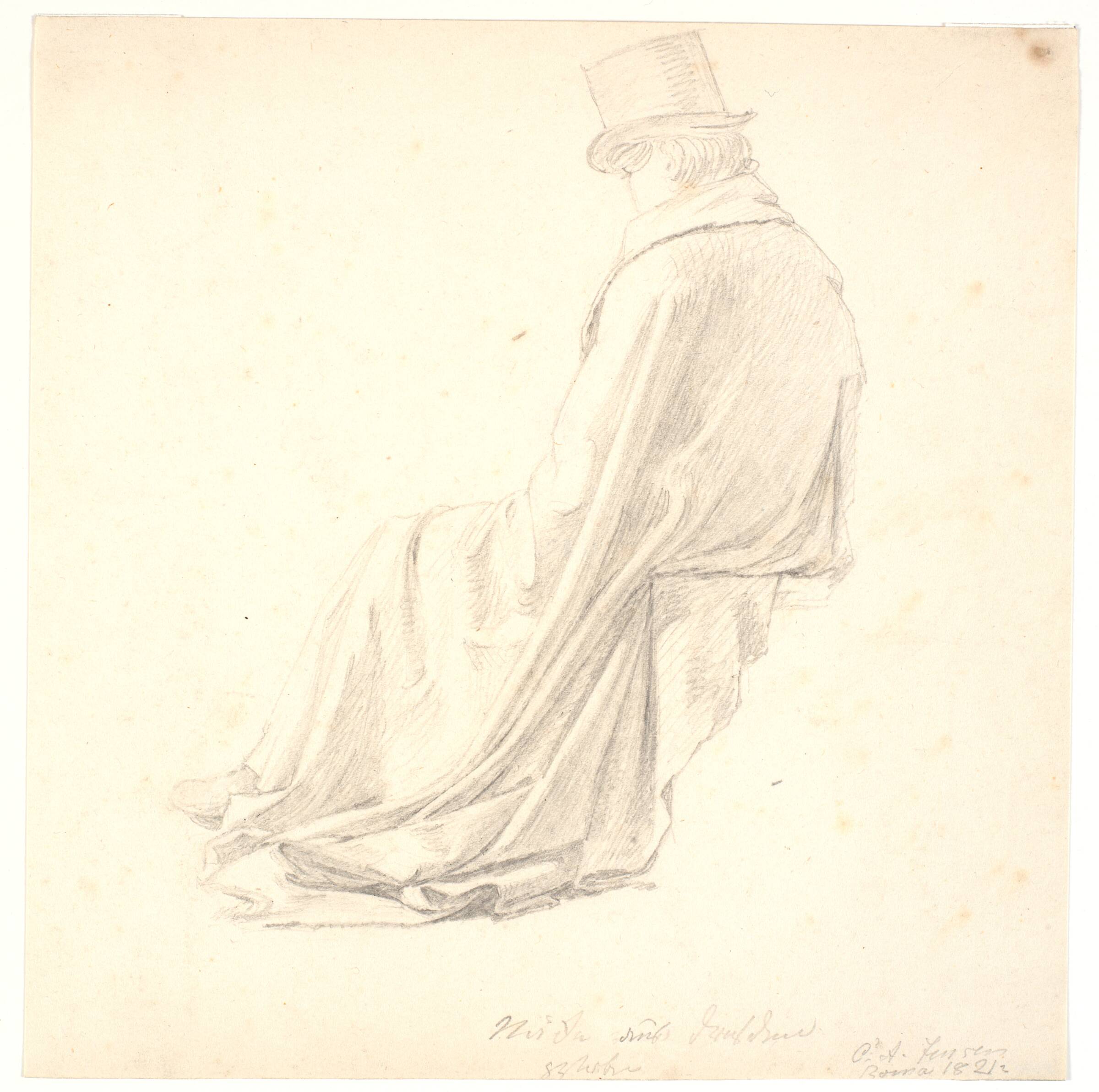 Siddende mand i kappe og høj hat, set skråt fra ryggen, C.A. Jensen, 1821