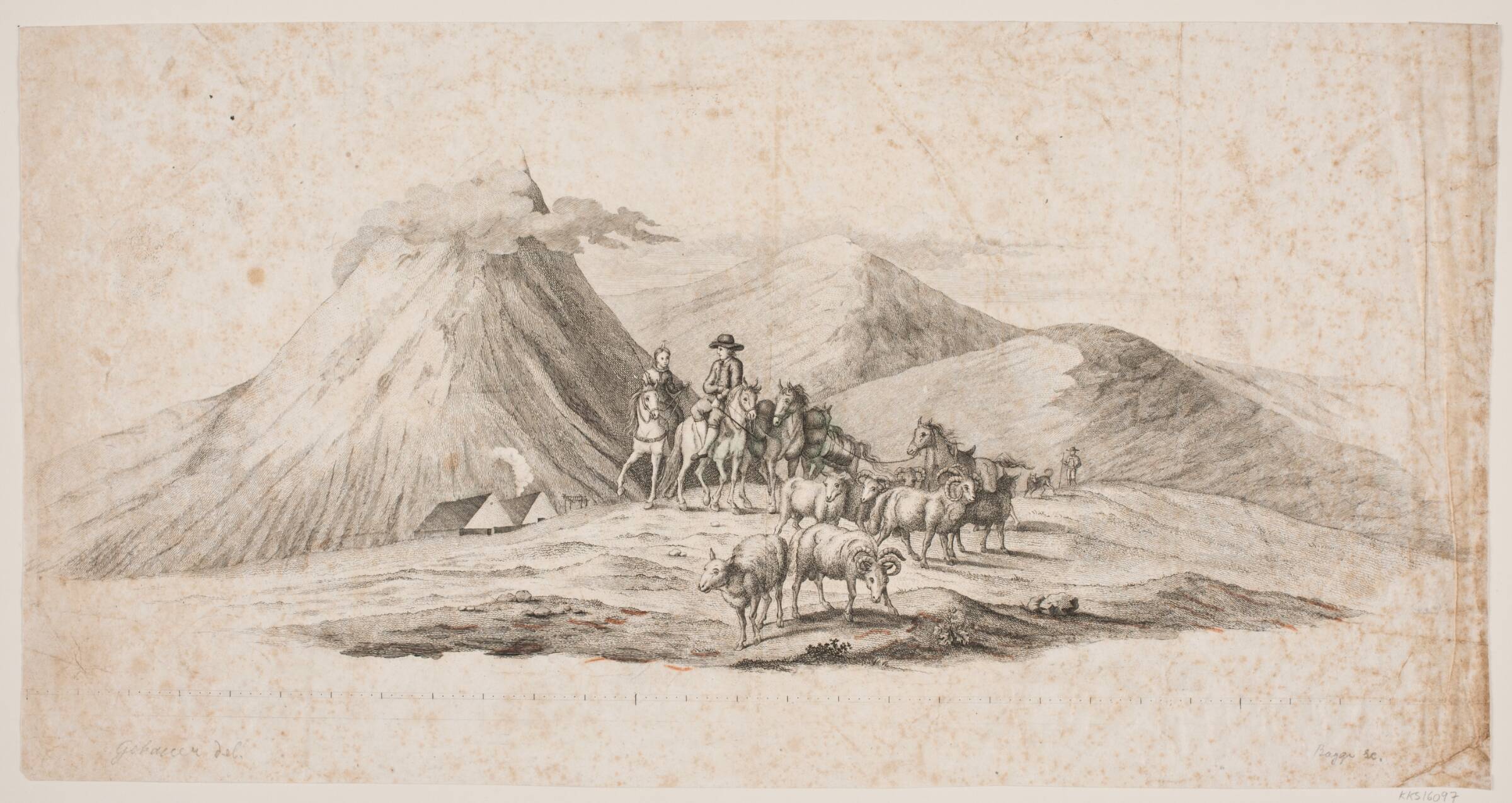 Islandsk landskab med får og ryttere, Oluf Olufsen Bagge, 1821