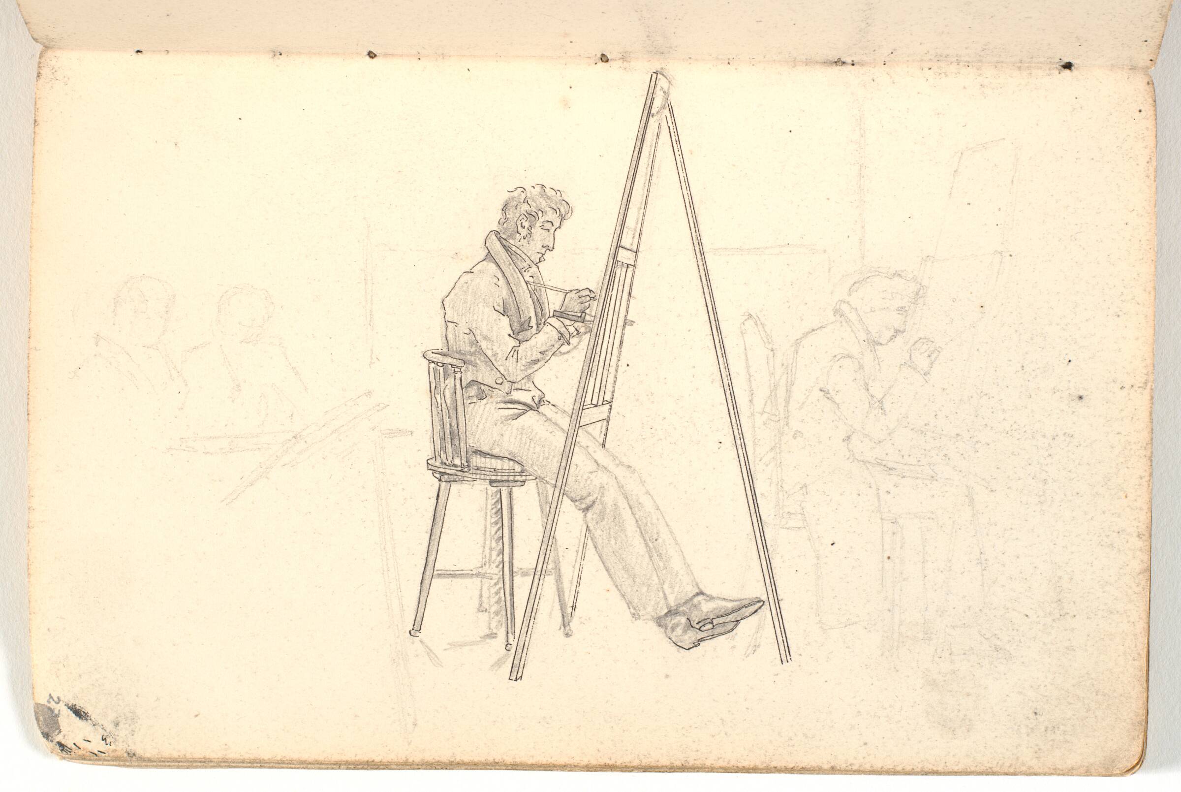Kunstner ved staffeli, samt rids af figurer i baggrunden, Martinus Rørbye, 1825-1826