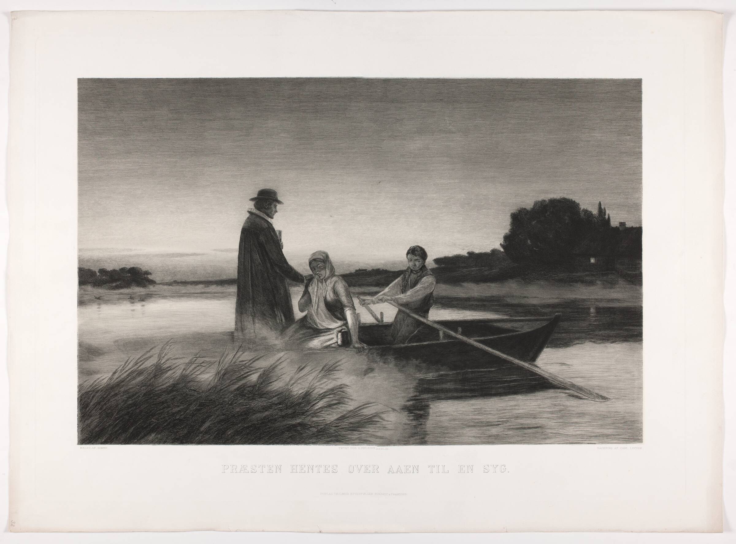 Præsten hentes over åen til en syg, Carl Locher, 1896